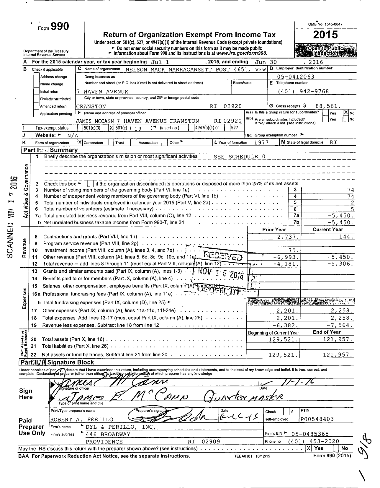 Image of first page of 2015 Form 990O for Veterans of Foreign Wars Dept of Rhode Island - 4651 Mack Narragansett Post