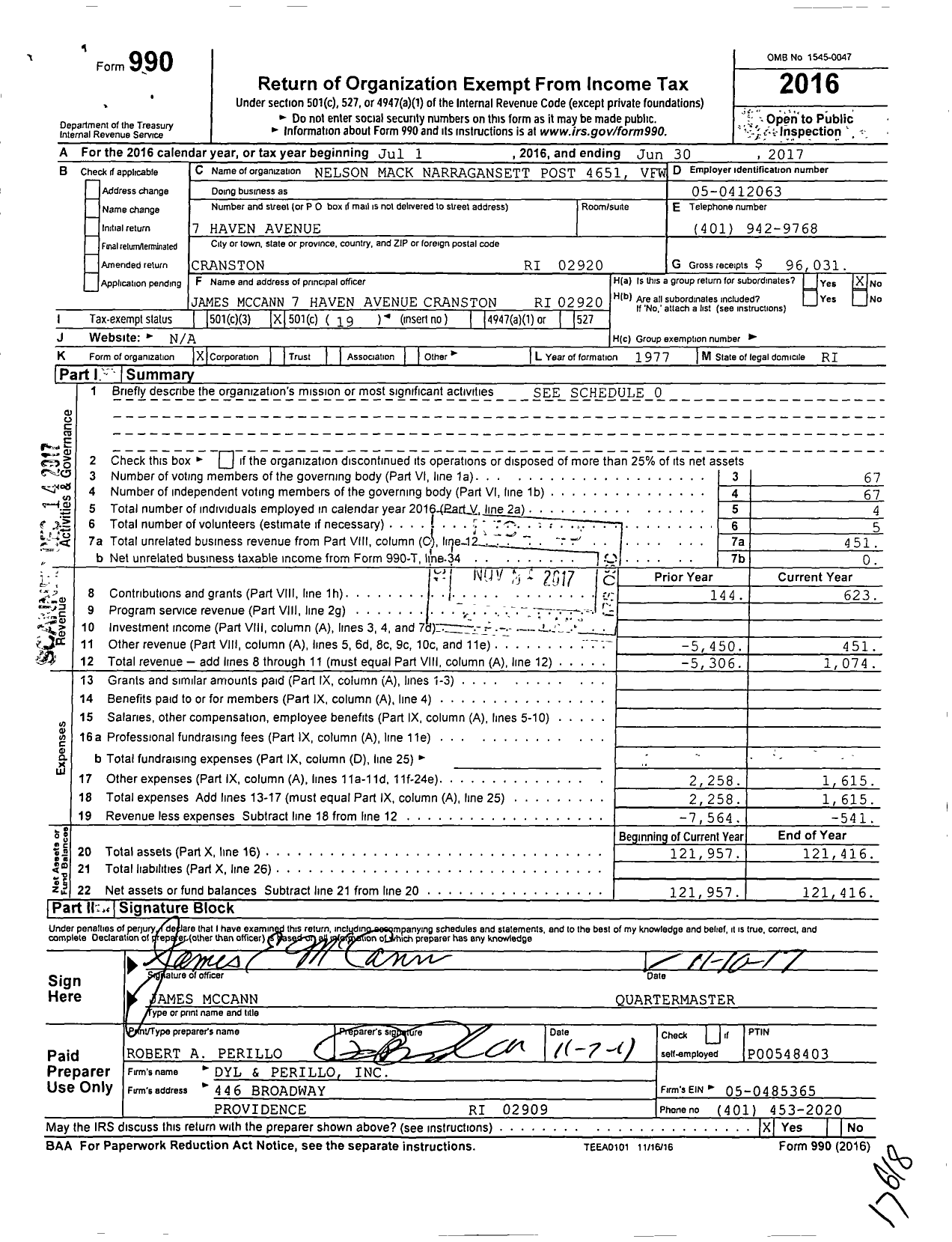 Image of first page of 2016 Form 990O for Veterans of Foreign Wars Dept of Rhode Island - 4651 Mack Narragansett Post