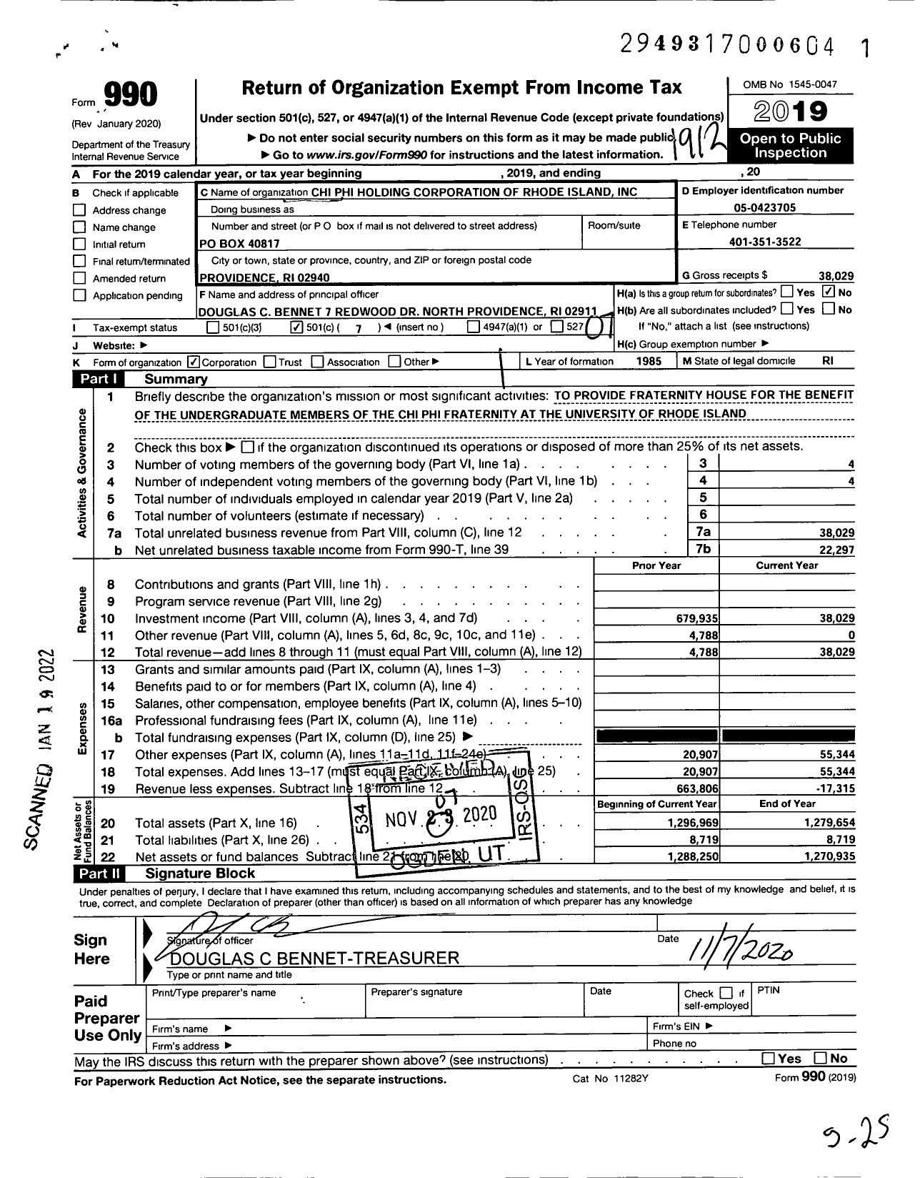 Image of first page of 2019 Form 990O for Chi Phi Holding Corporation of Ri