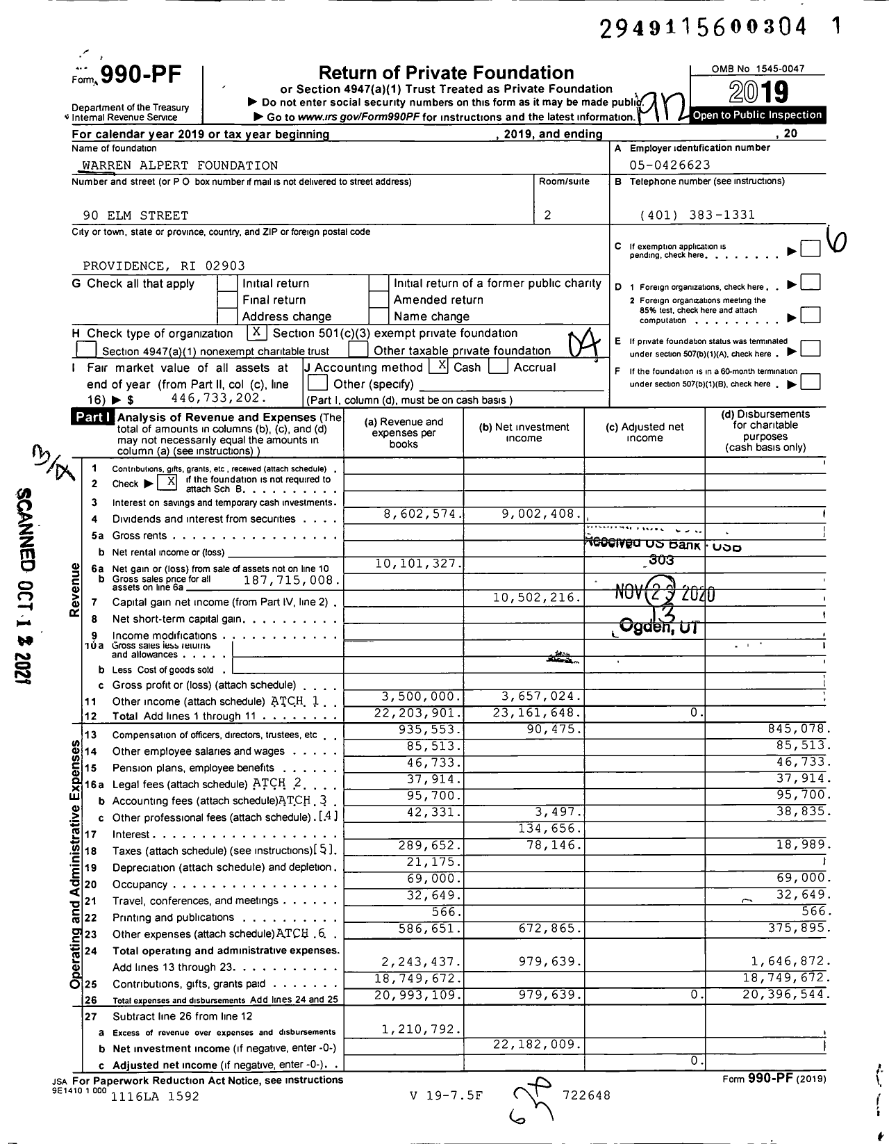 Image of first page of 2019 Form 990PF for Warren Alpert Foundation