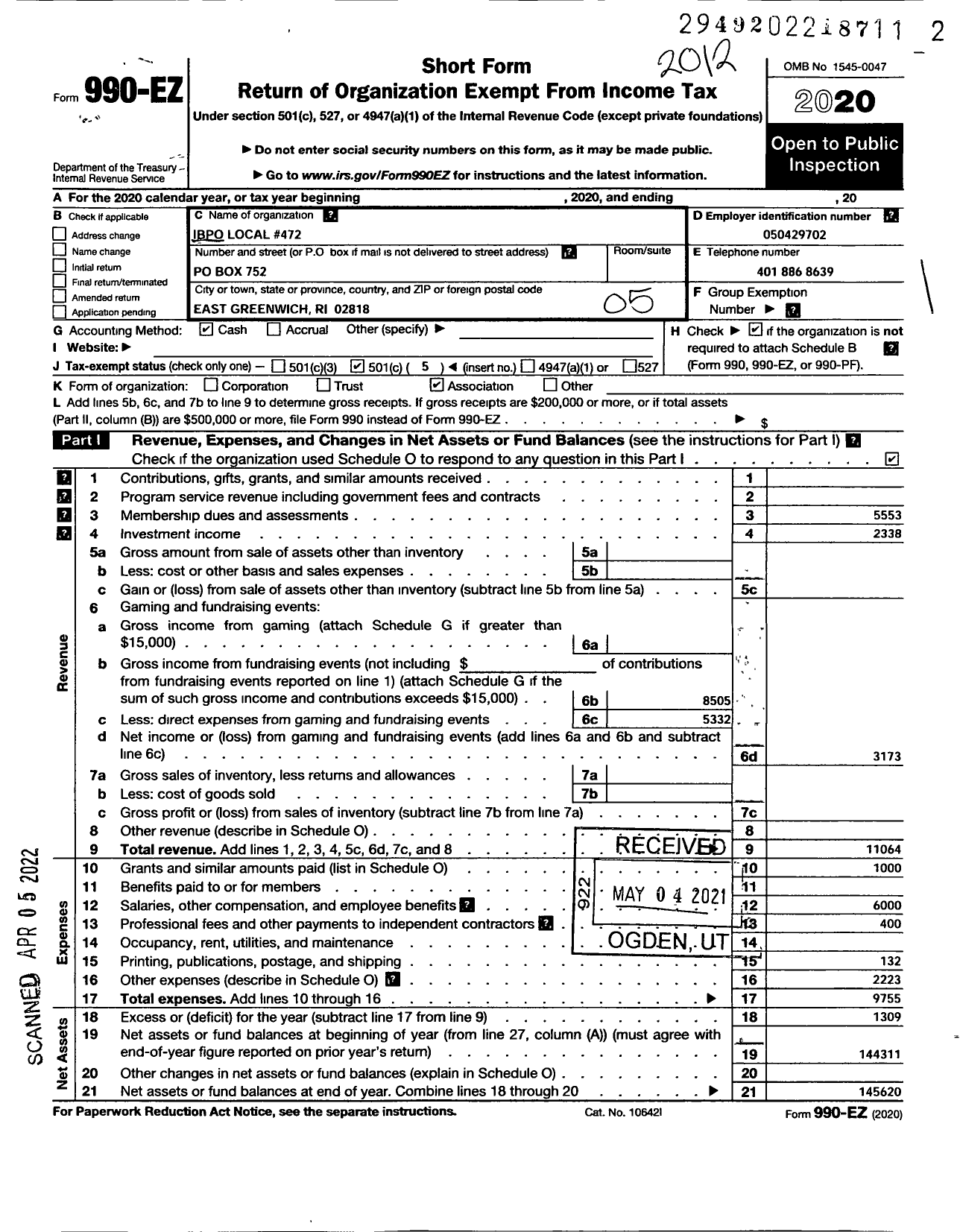 Image of first page of 2020 Form 990EO for National Association of Government Employees / 00-472-ibpo E Greenwich Ri PD