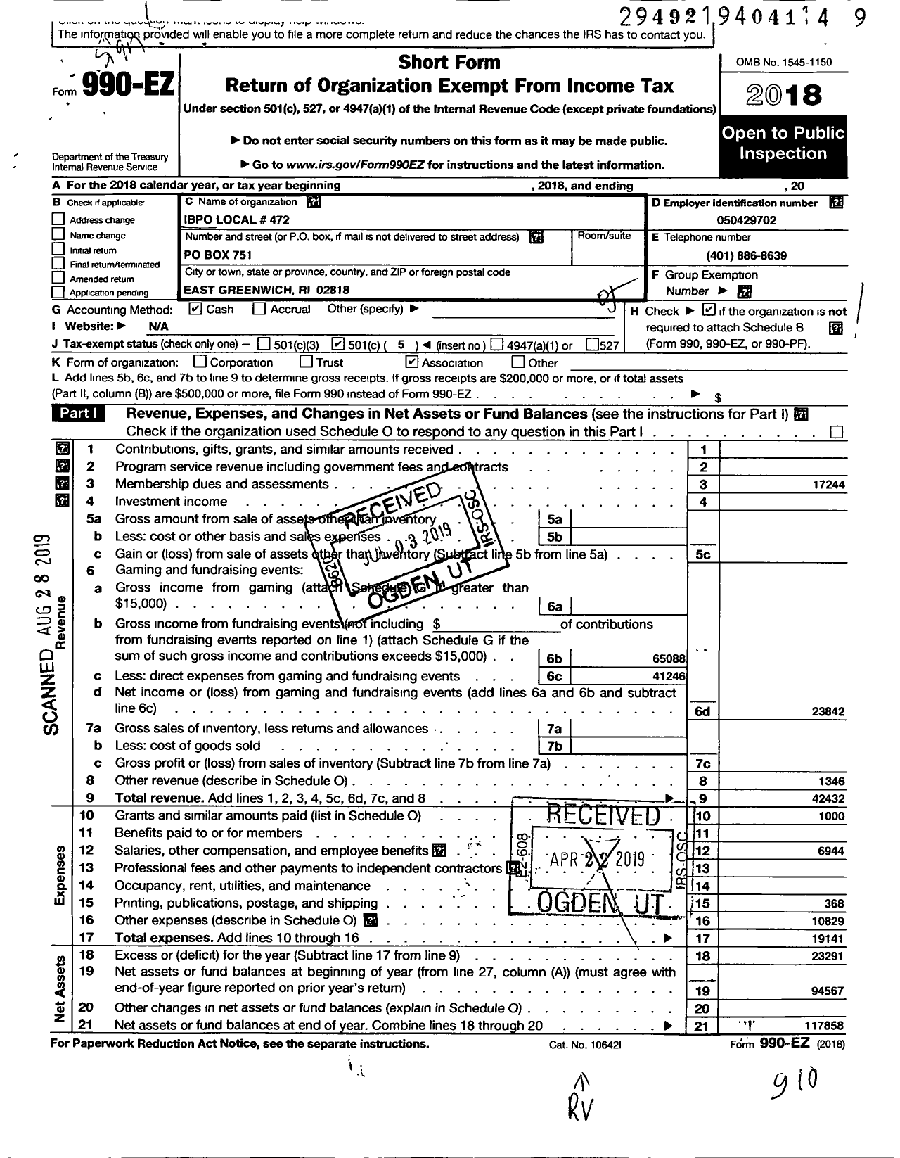 Image of first page of 2018 Form 990EO for National Association of Government Employees / 00-472-ibpo E Greenwich Ri PD