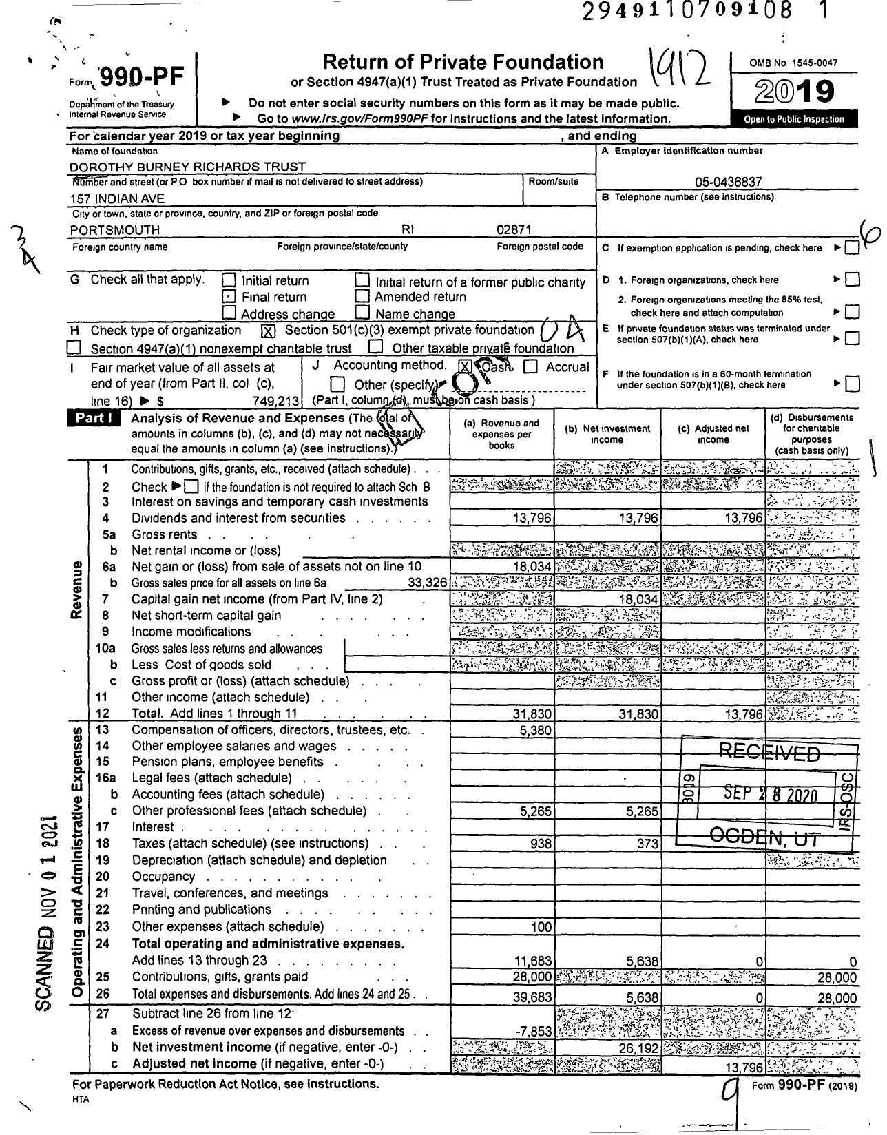 Image of first page of 2019 Form 990PF for Dorothy Burney Richards Trust