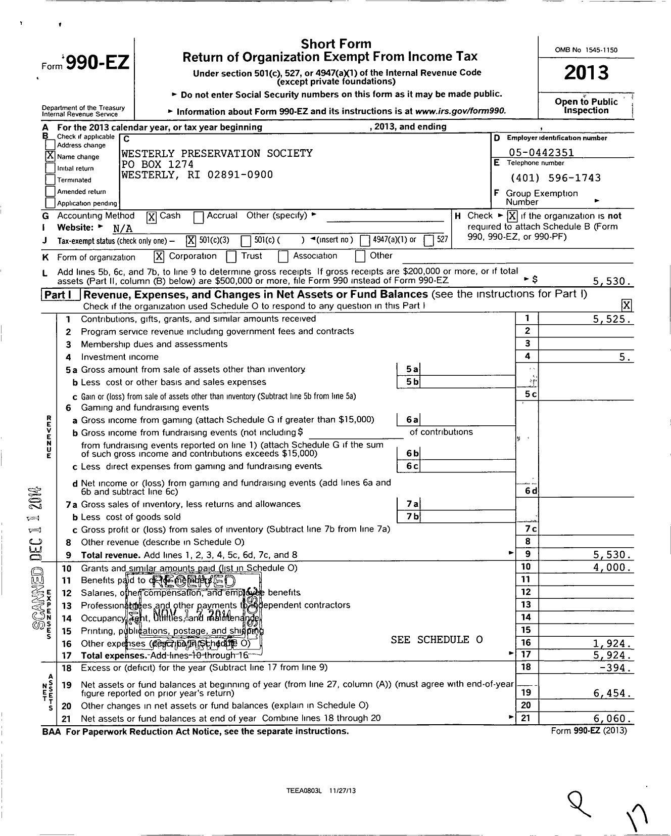 Image of first page of 2013 Form 990EZ for Westerly Preservation Society