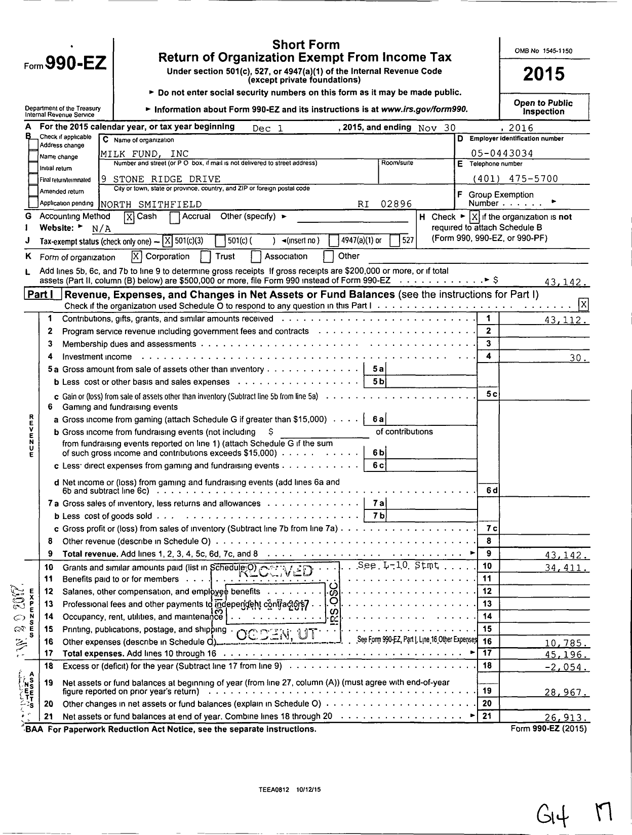 Image of first page of 2015 Form 990EZ for Milk Fund