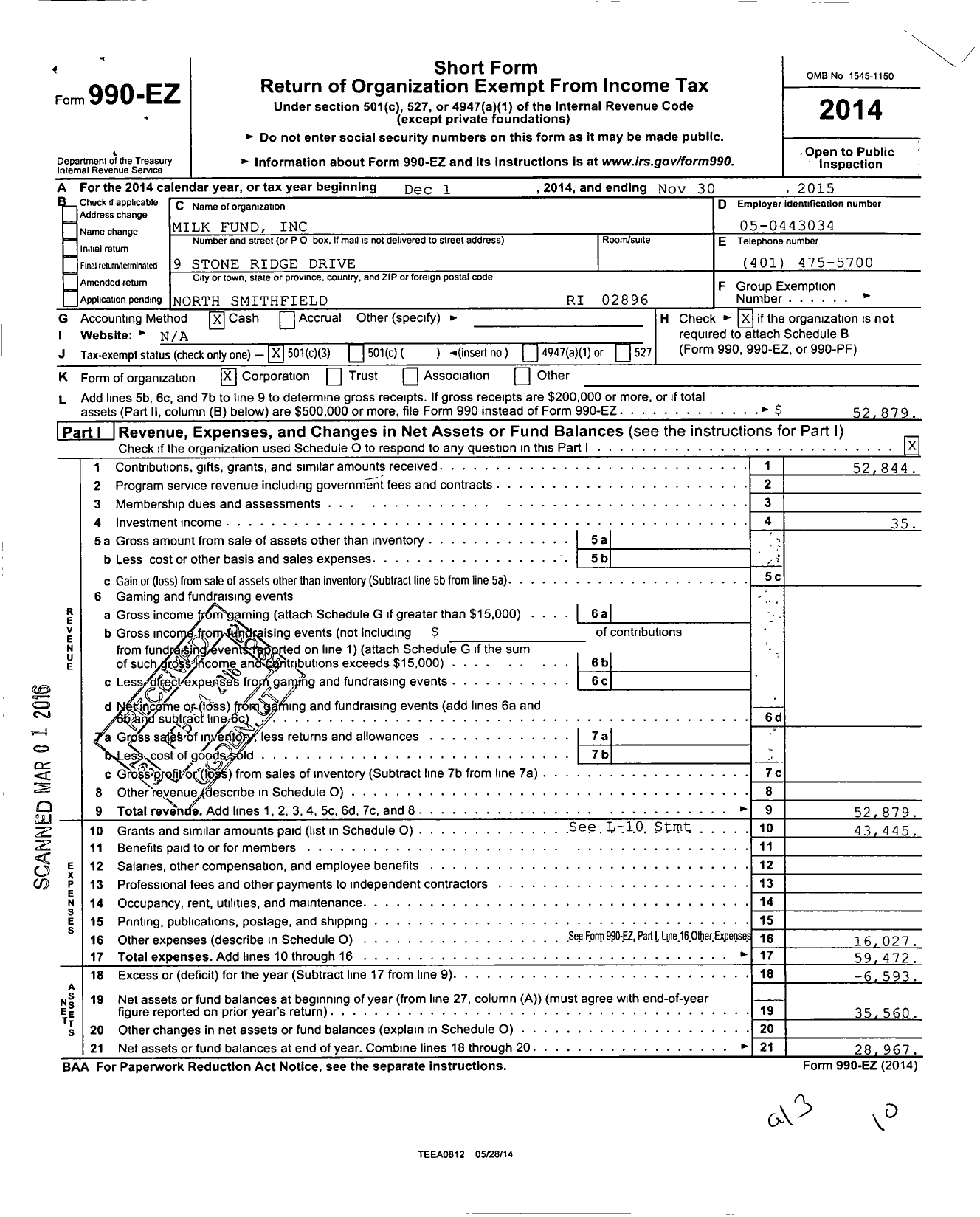 Image of first page of 2014 Form 990EZ for Milk Fund