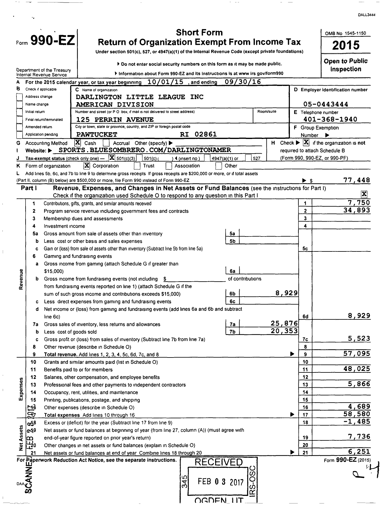 Image of first page of 2015 Form 990EZ for Little League Baseball - 2390209 Darlington American LL