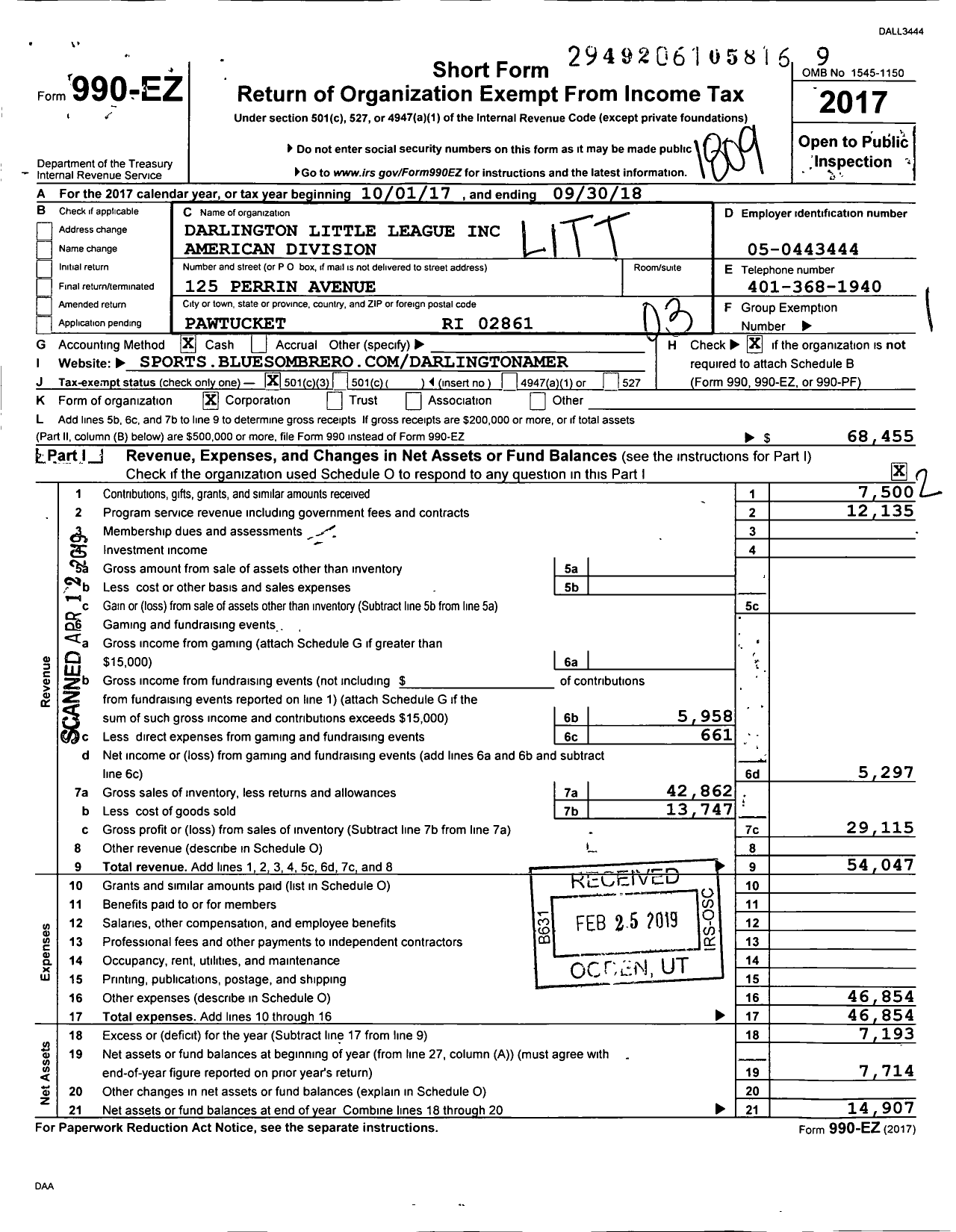 Image of first page of 2017 Form 990EZ for Little League Baseball - 2390209 Darlington American LL