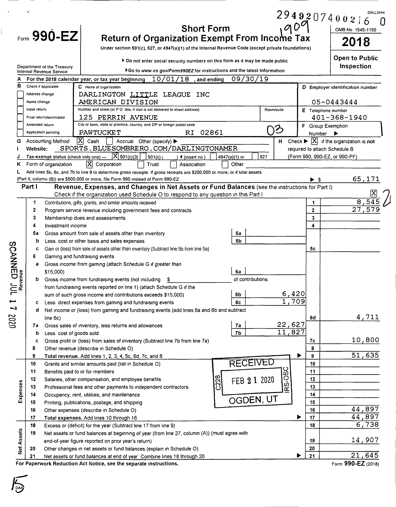 Image of first page of 2018 Form 990EZ for Little League Baseball - 2390209 Darlington American LL