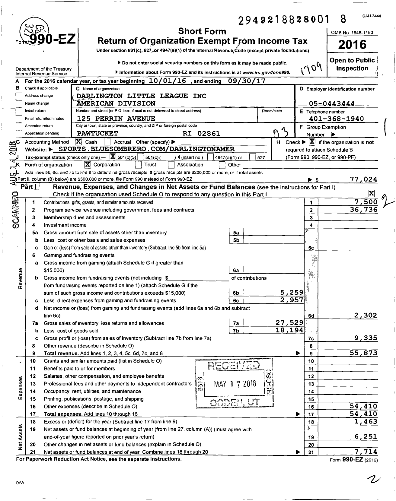 Image of first page of 2016 Form 990EZ for Little League Baseball - 2390209 Darlington American LL