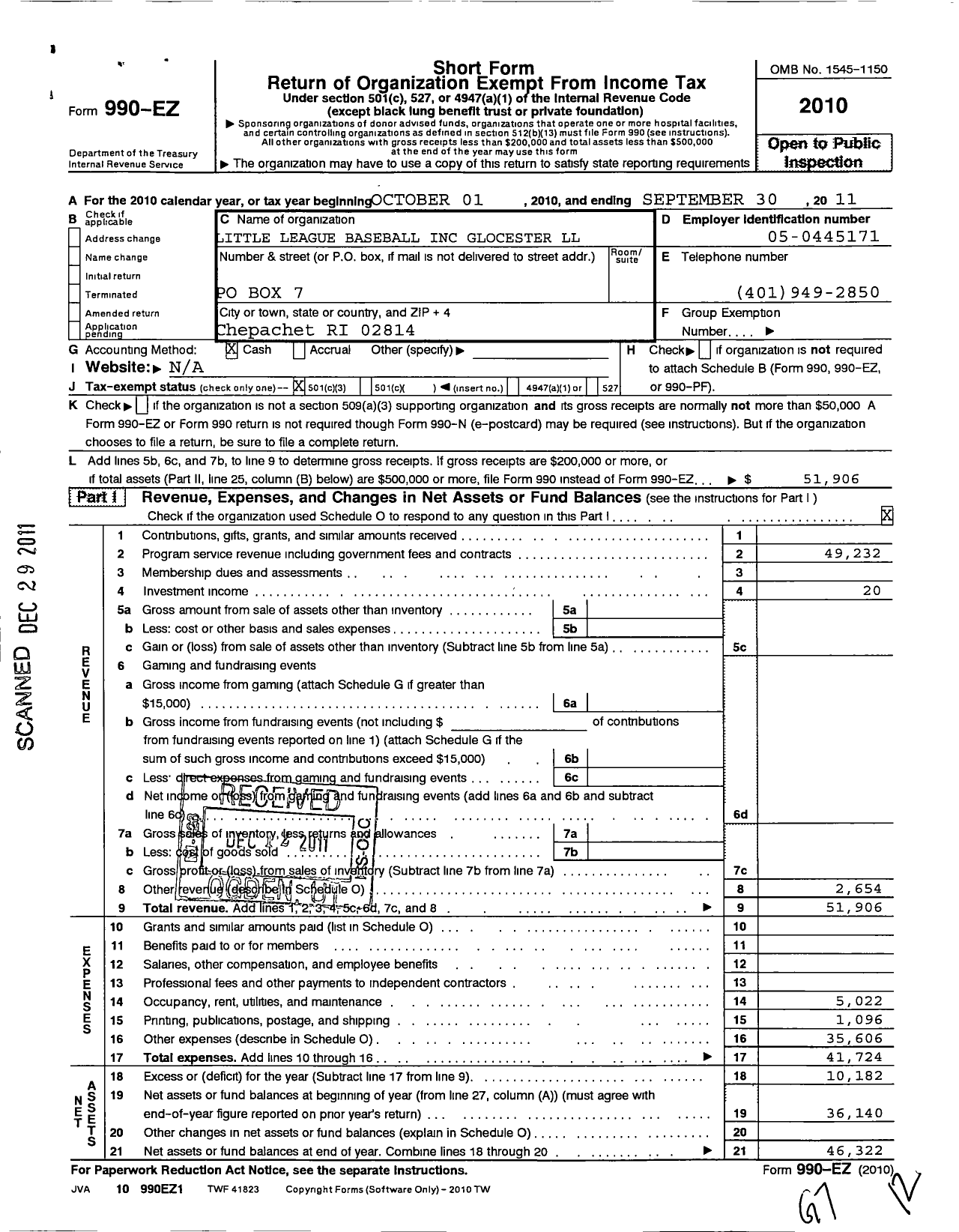 Image of first page of 2010 Form 990EZ for Little League Baseball - 2390411 Glocester LL