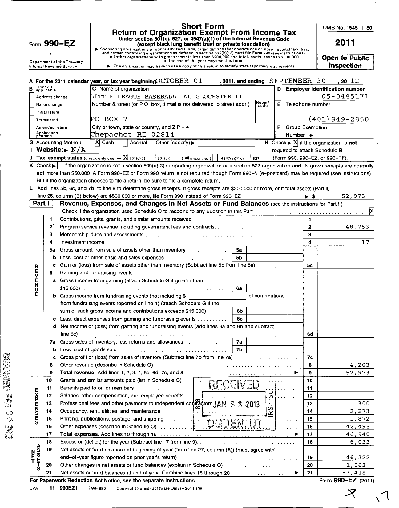 Image of first page of 2011 Form 990EZ for Little League Baseball - 2390411 Glocester LL