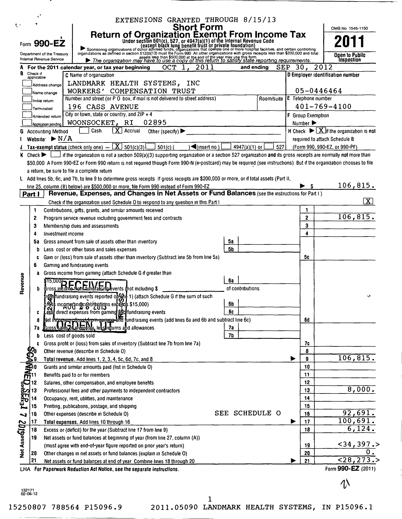 Image of first page of 2011 Form 990EZ for Landmark Health Systems Workers Compensation Trust