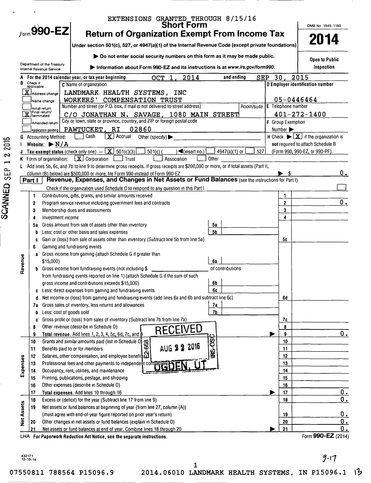 Image of first page of 2014 Form 990EZ for Landmark Health Systems Workers Compensation Trust