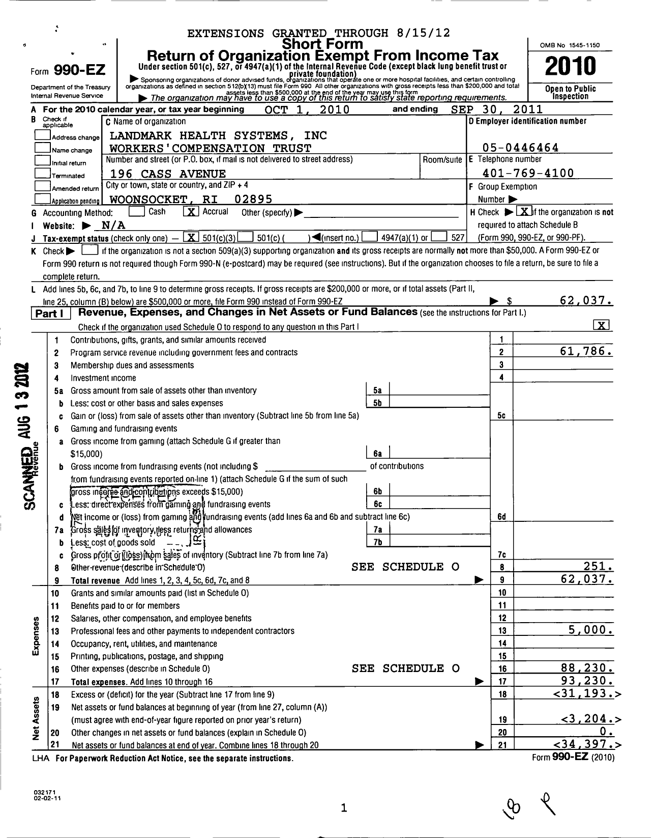 Image of first page of 2010 Form 990EZ for Landmark Health Systems Workers Compensation Trust