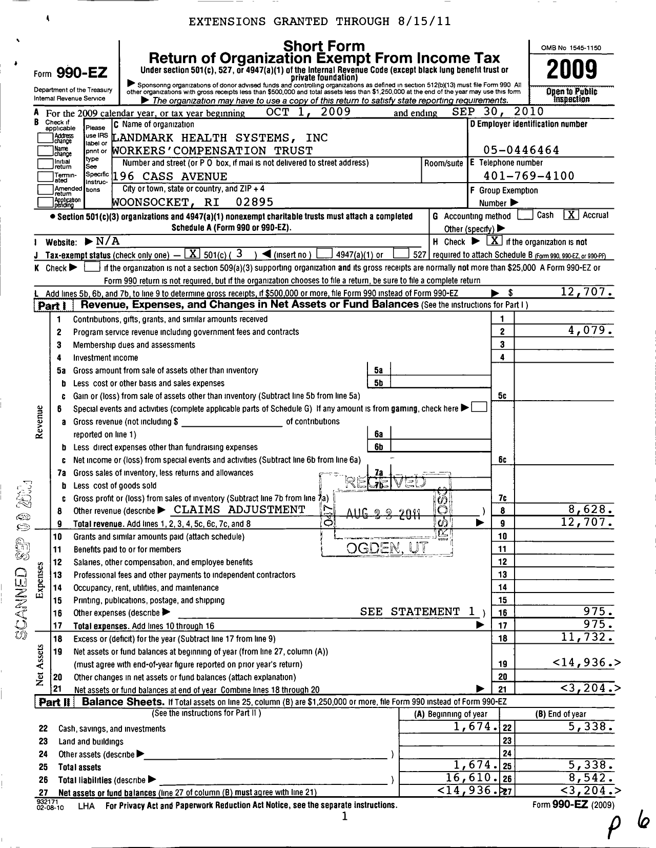 Image of first page of 2009 Form 990EZ for Landmark Health Systems Workers Compensation Trust