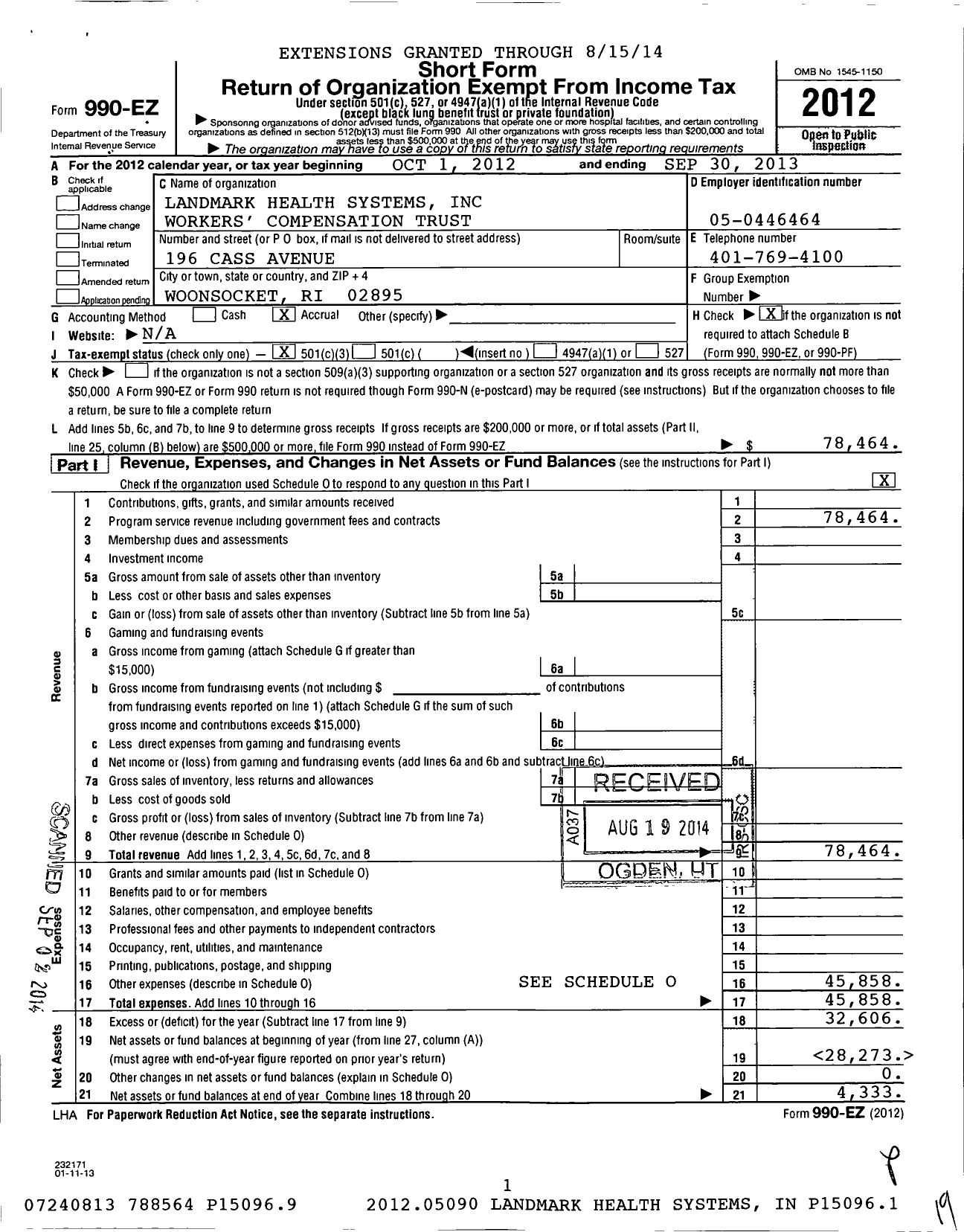 Image of first page of 2012 Form 990EZ for Landmark Health Systems Workers Compensation Trust