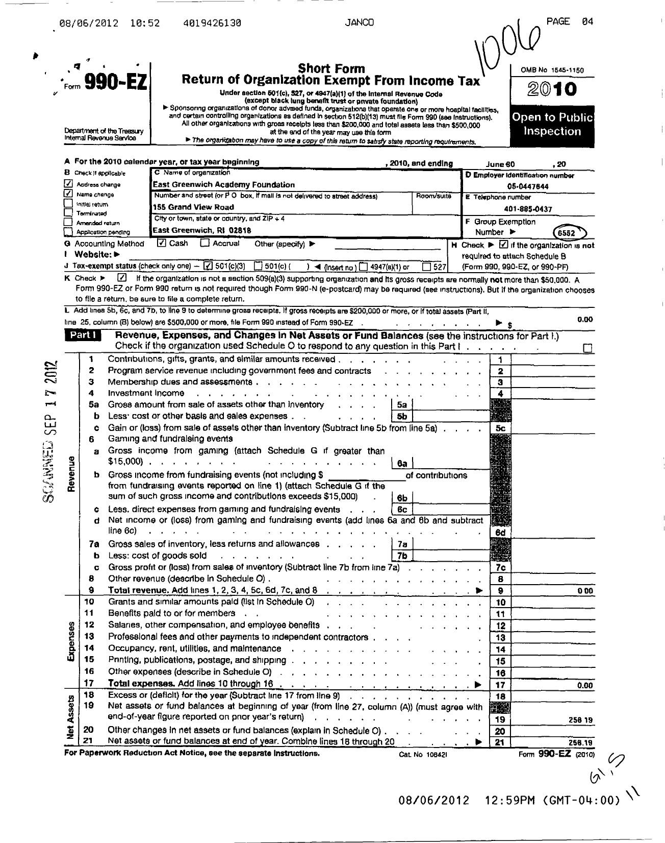 Image of first page of 2009 Form 990EZ for East Greenwich Academy Foundation