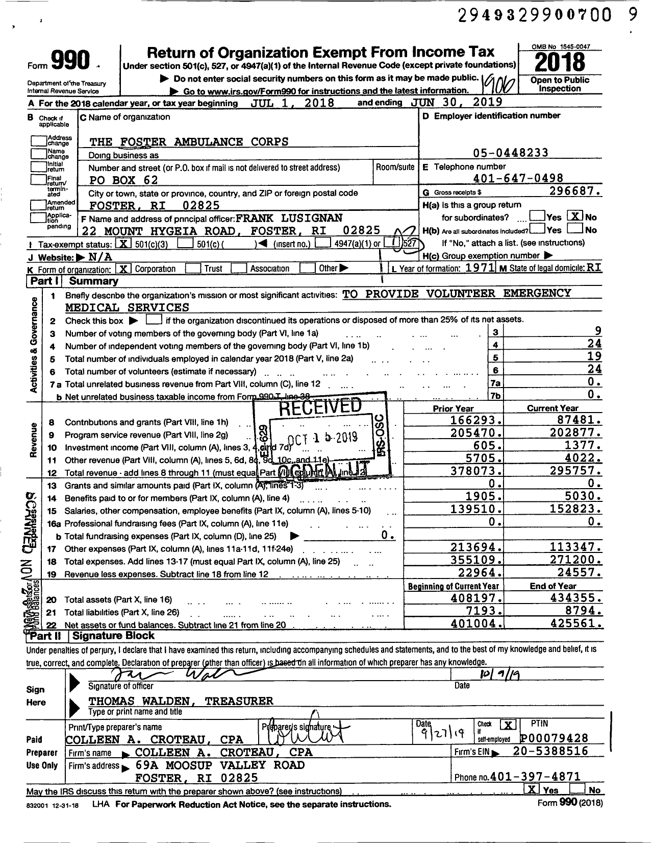 Image of first page of 2018 Form 990 for The Foster Ambulance Corps