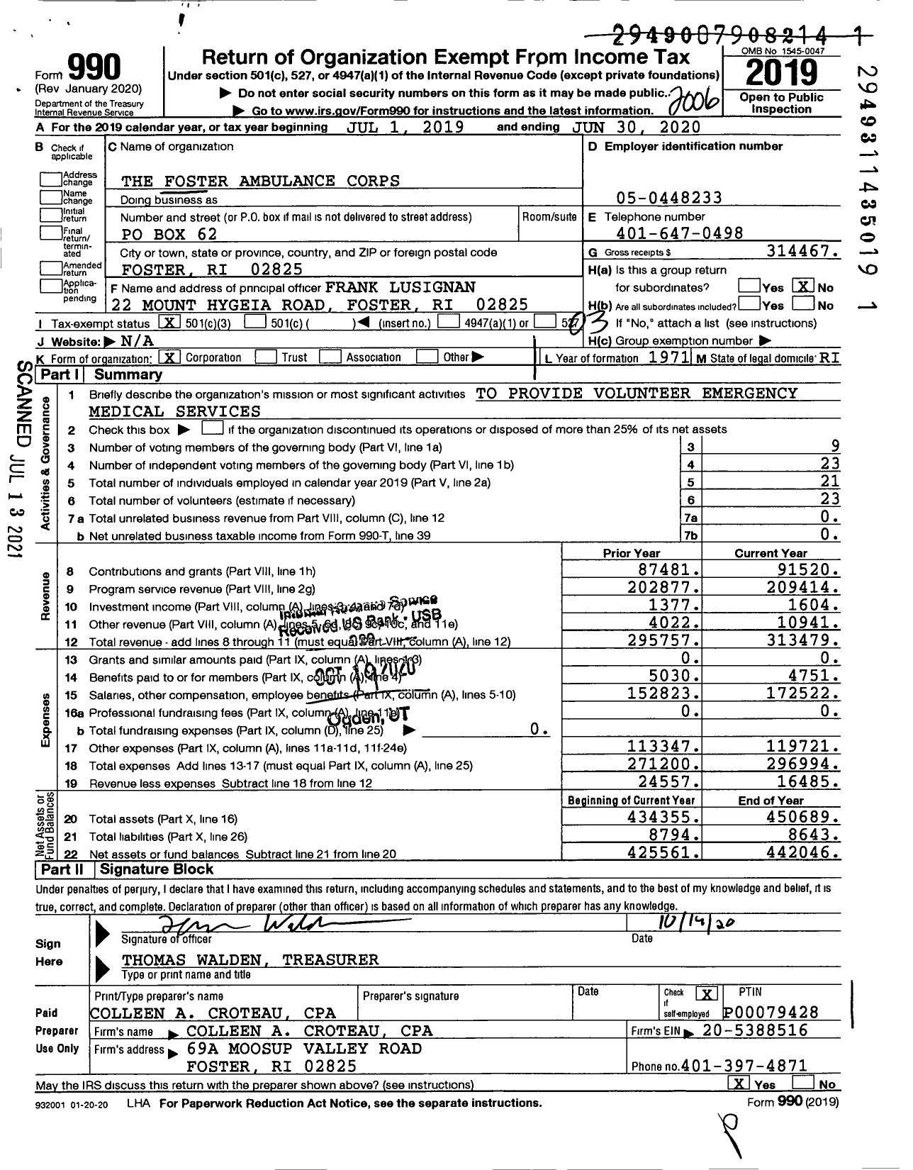 Image of first page of 2019 Form 990 for The Foster Ambulance Corps