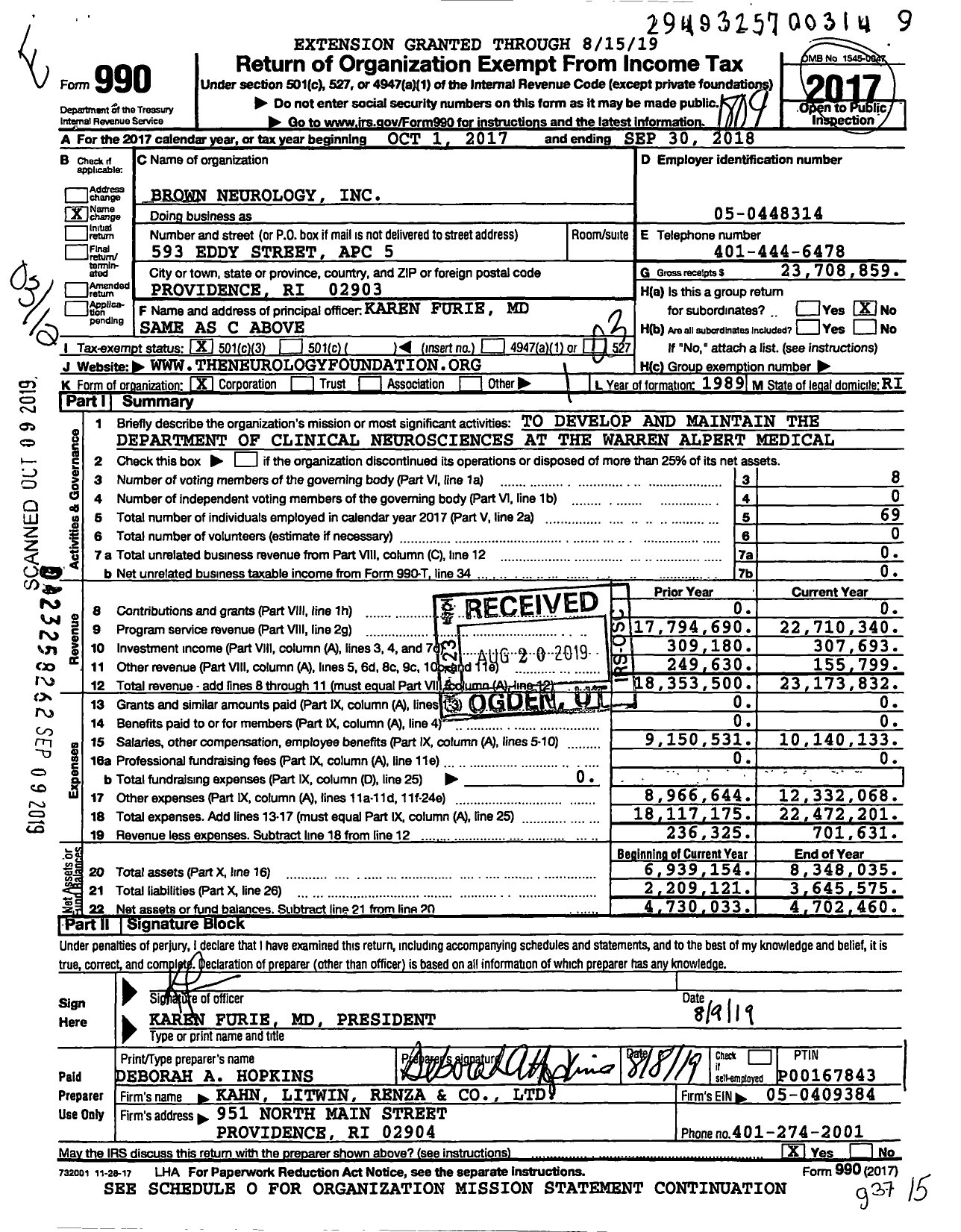 Image of first page of 2017 Form 990 for Brown Neurology