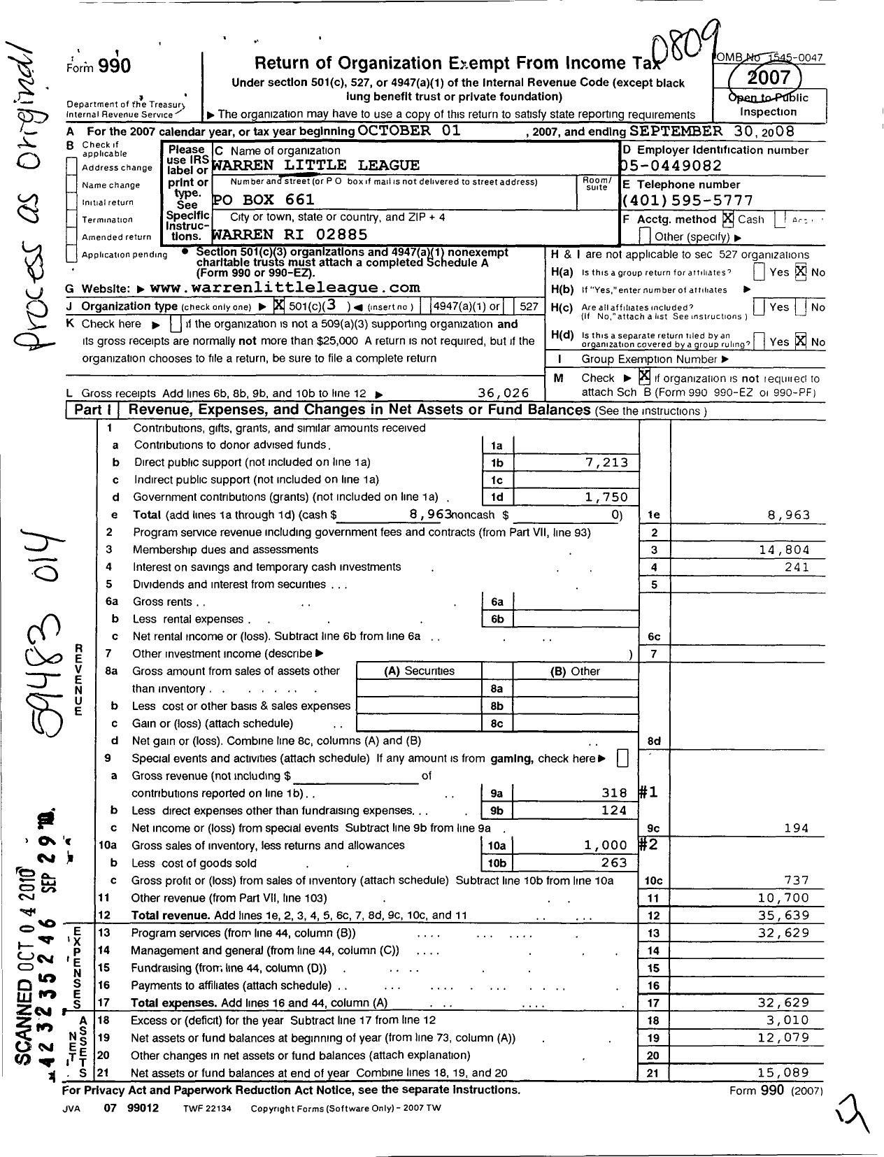 Image of first page of 2007 Form 990 for Little League Baseball - 2390217 Warren LL