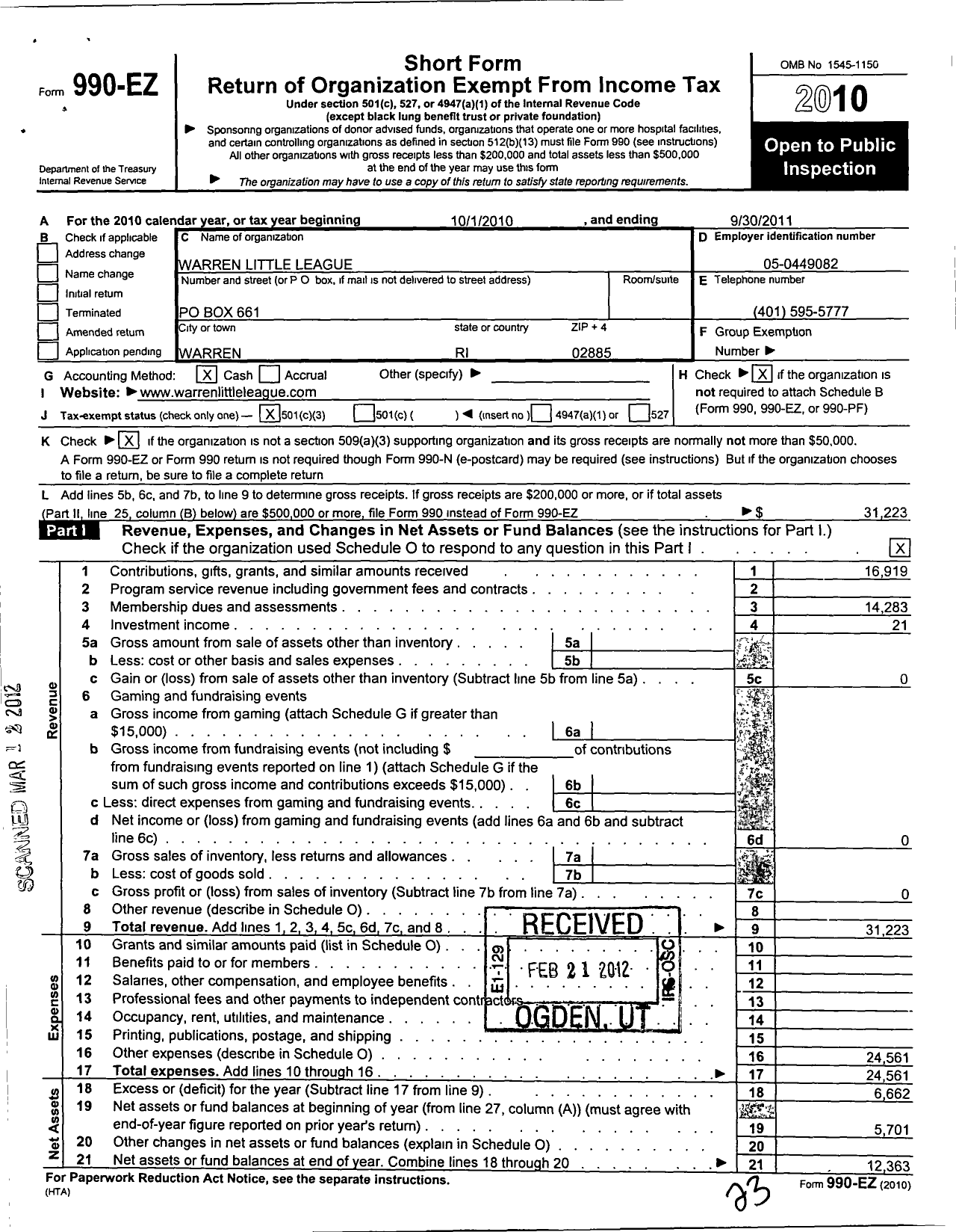 Image of first page of 2010 Form 990EZ for Little League Baseball - 2390217 Warren LL