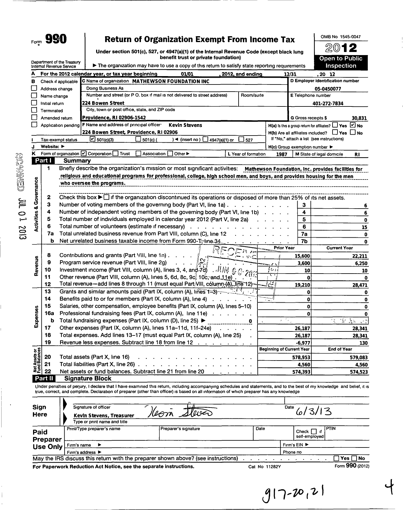 Image of first page of 2012 Form 990 for Mathewson Foundation