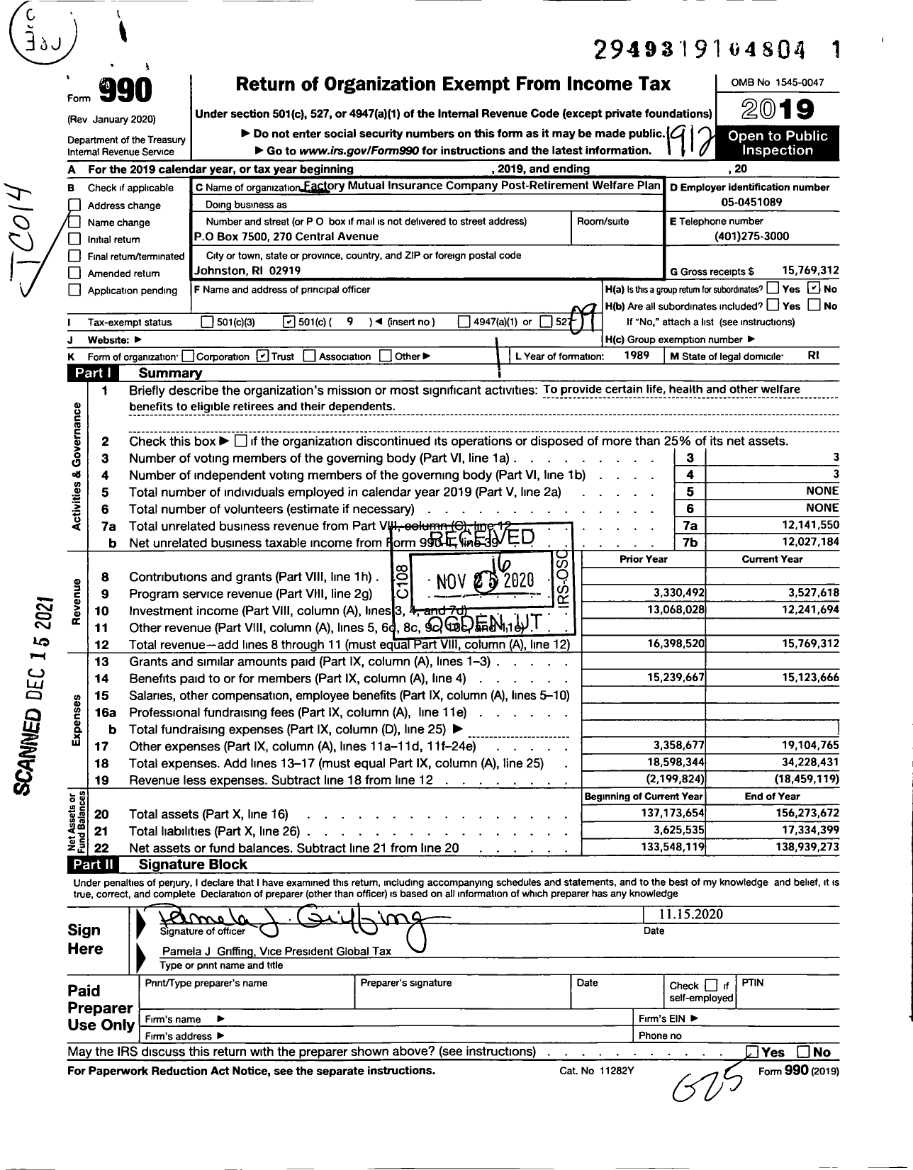 Image of first page of 2019 Form 990O for Factory Mutual Insurance Company Postretirement Welfare Program