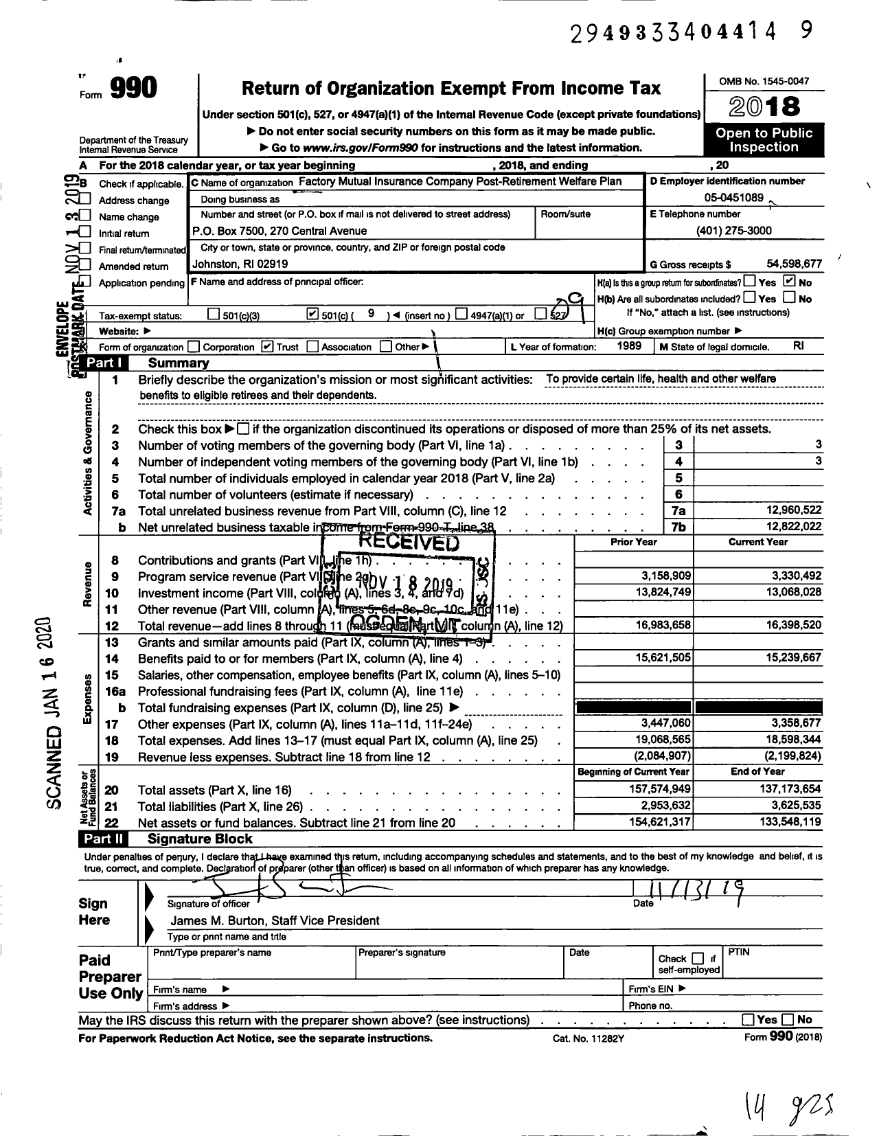 Image of first page of 2018 Form 990O for Factory Mutual Insurance Company Postretirement Welfare Program