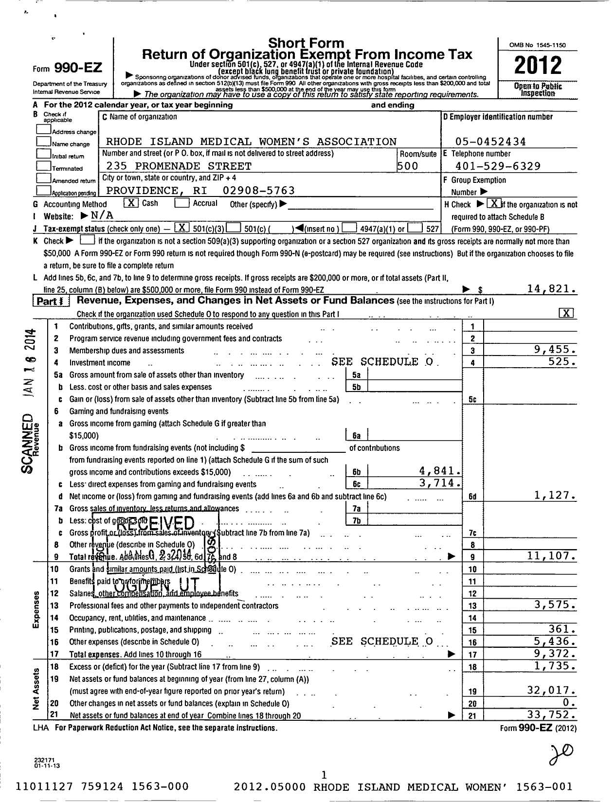 Image of first page of 2012 Form 990EZ for Rhode Island Medical Womens Association