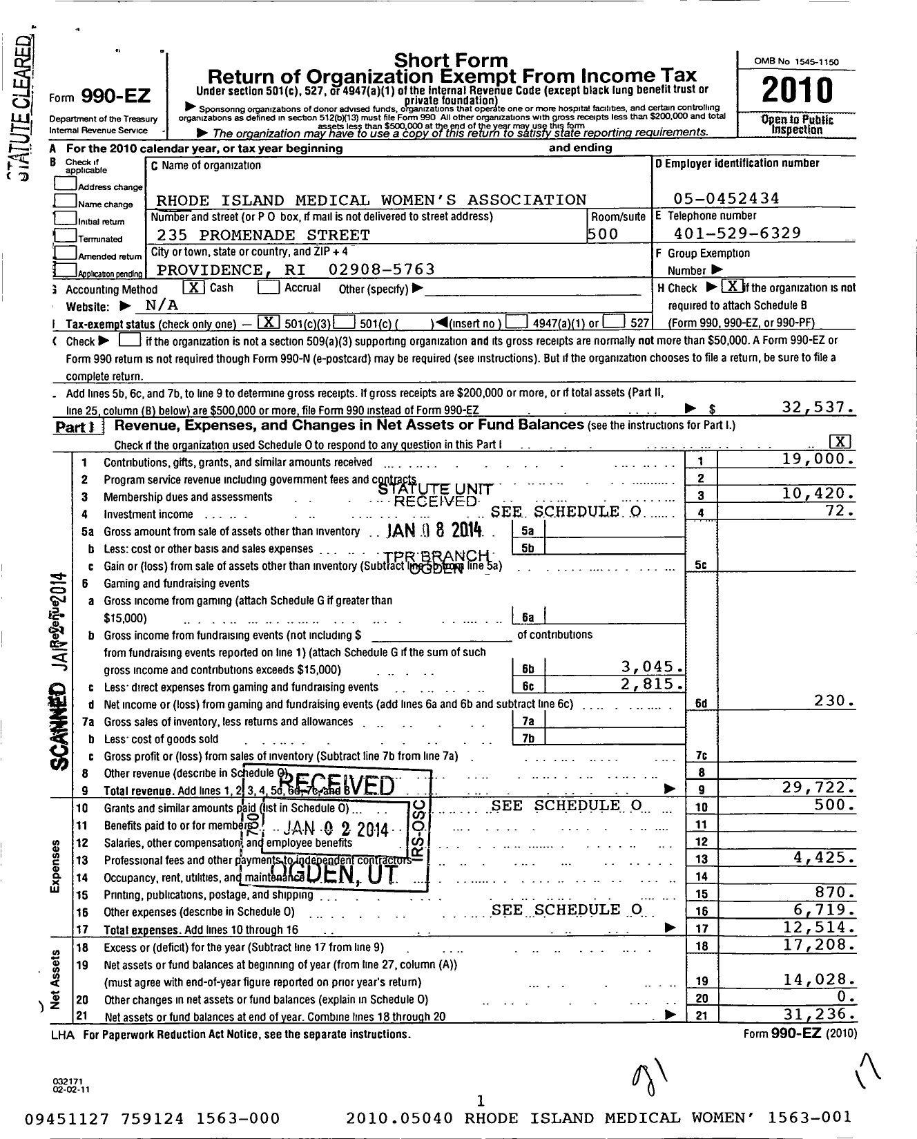 Image of first page of 2010 Form 990EZ for Rhode Island Medical Womens Association