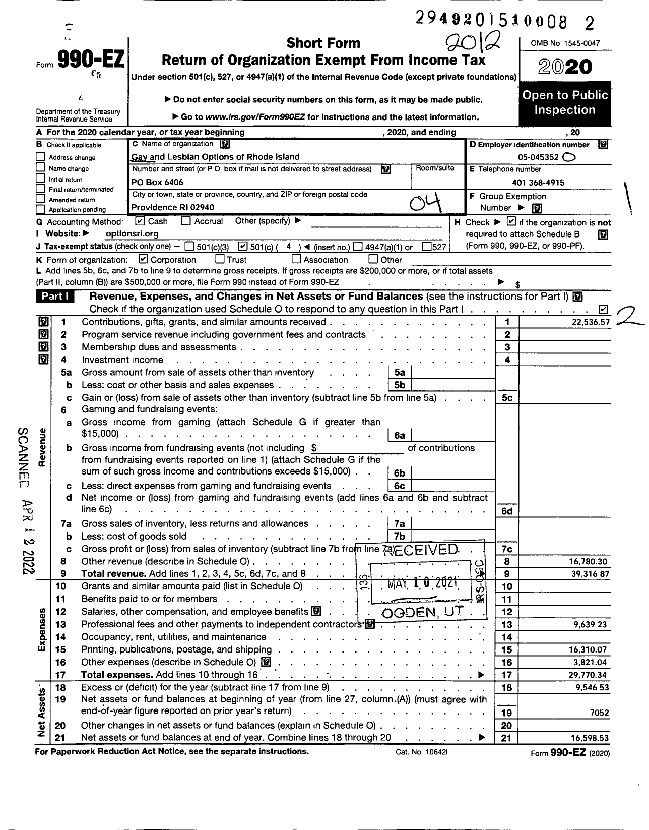 Image of first page of 2020 Form 990EO for Gay and Lesbian Options of Rhode Island