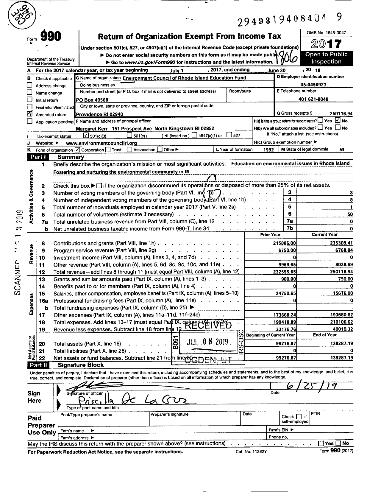 Image of first page of 2017 Form 990 for Environment Council of Rhode Island Education Fund