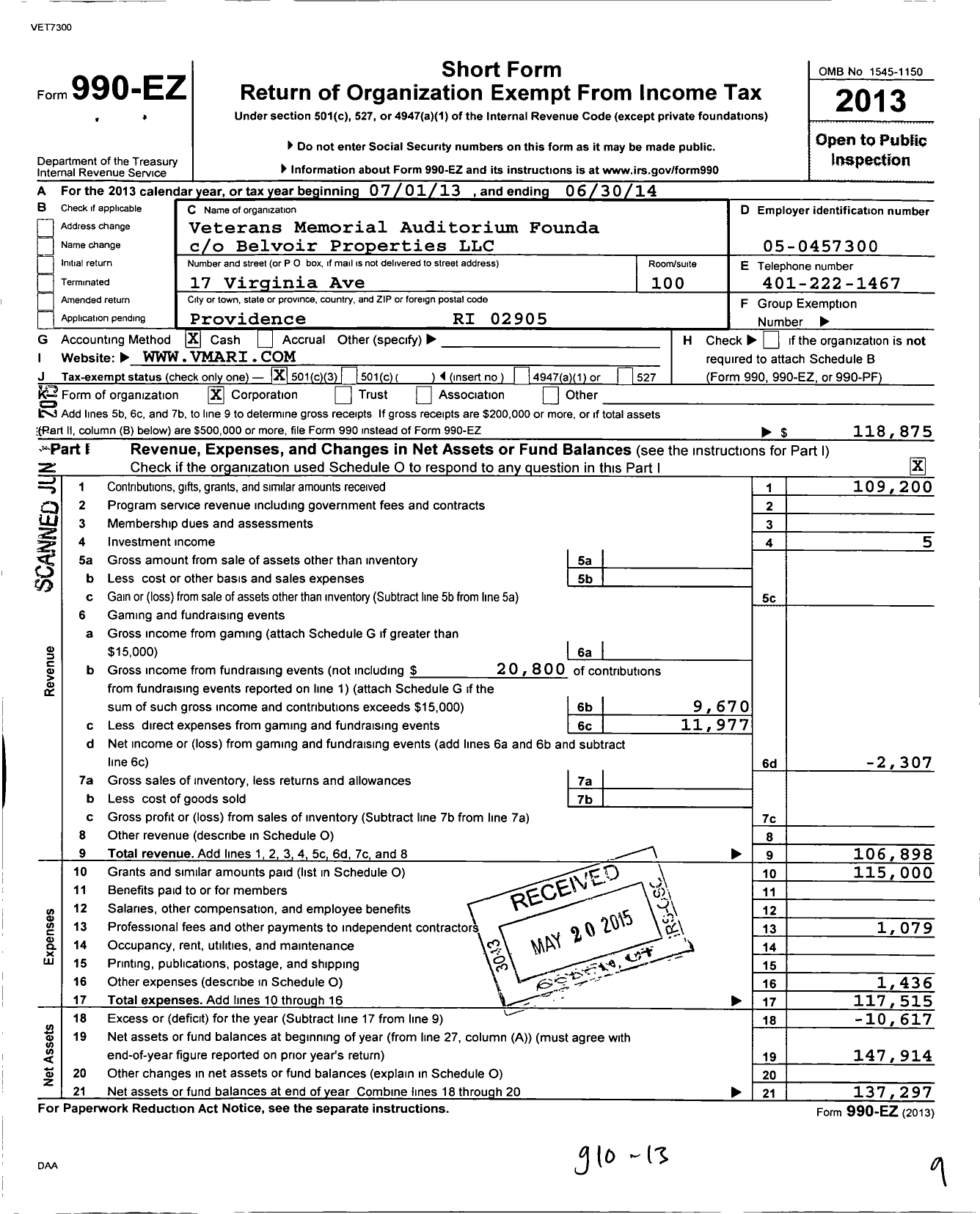 Image of first page of 2013 Form 990EZ for Veterans Memorial Auditorium Foundation