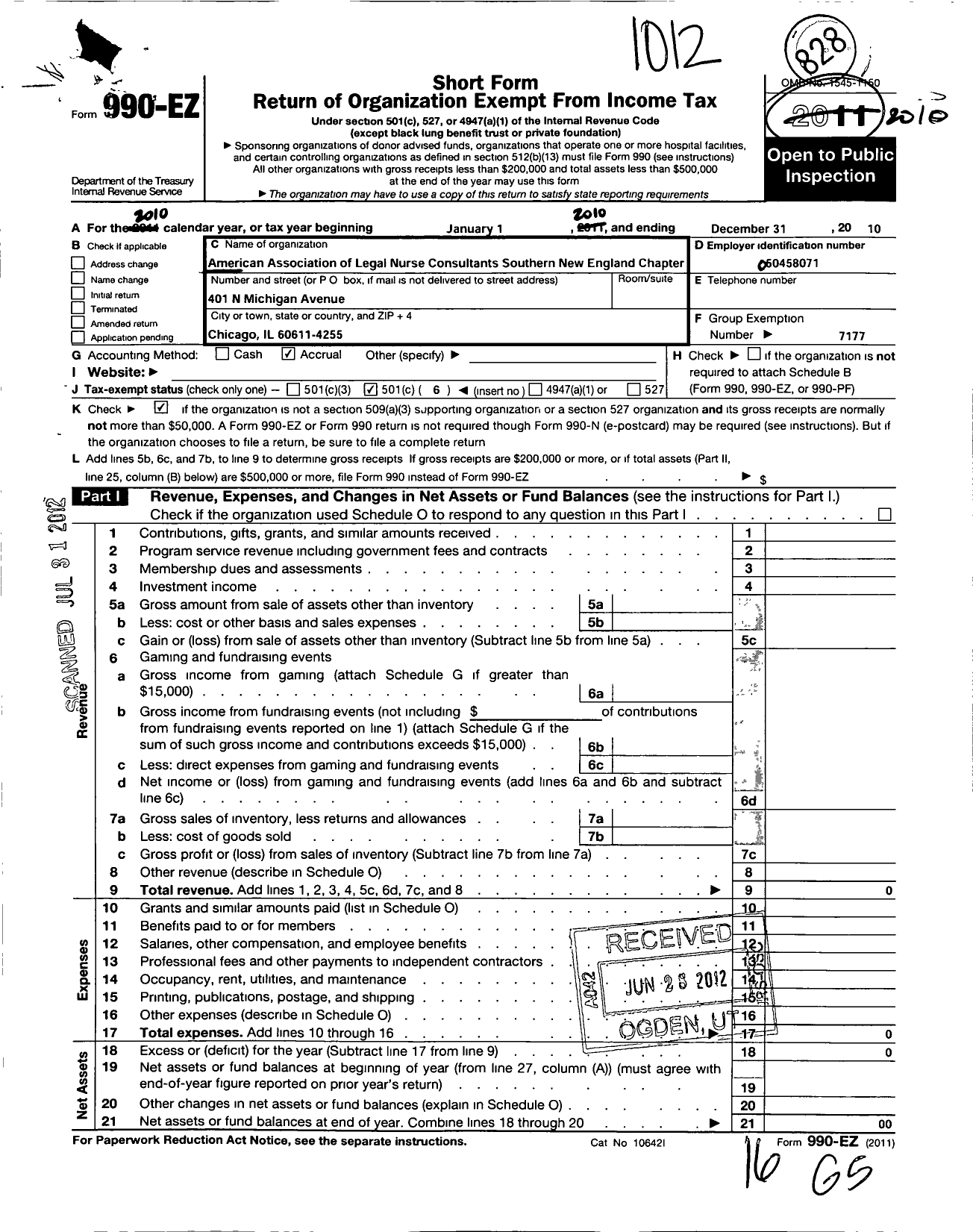 Image of first page of 2010 Form 990EO for American Association of Legal Nurse Consultants / Southern New England Chapter