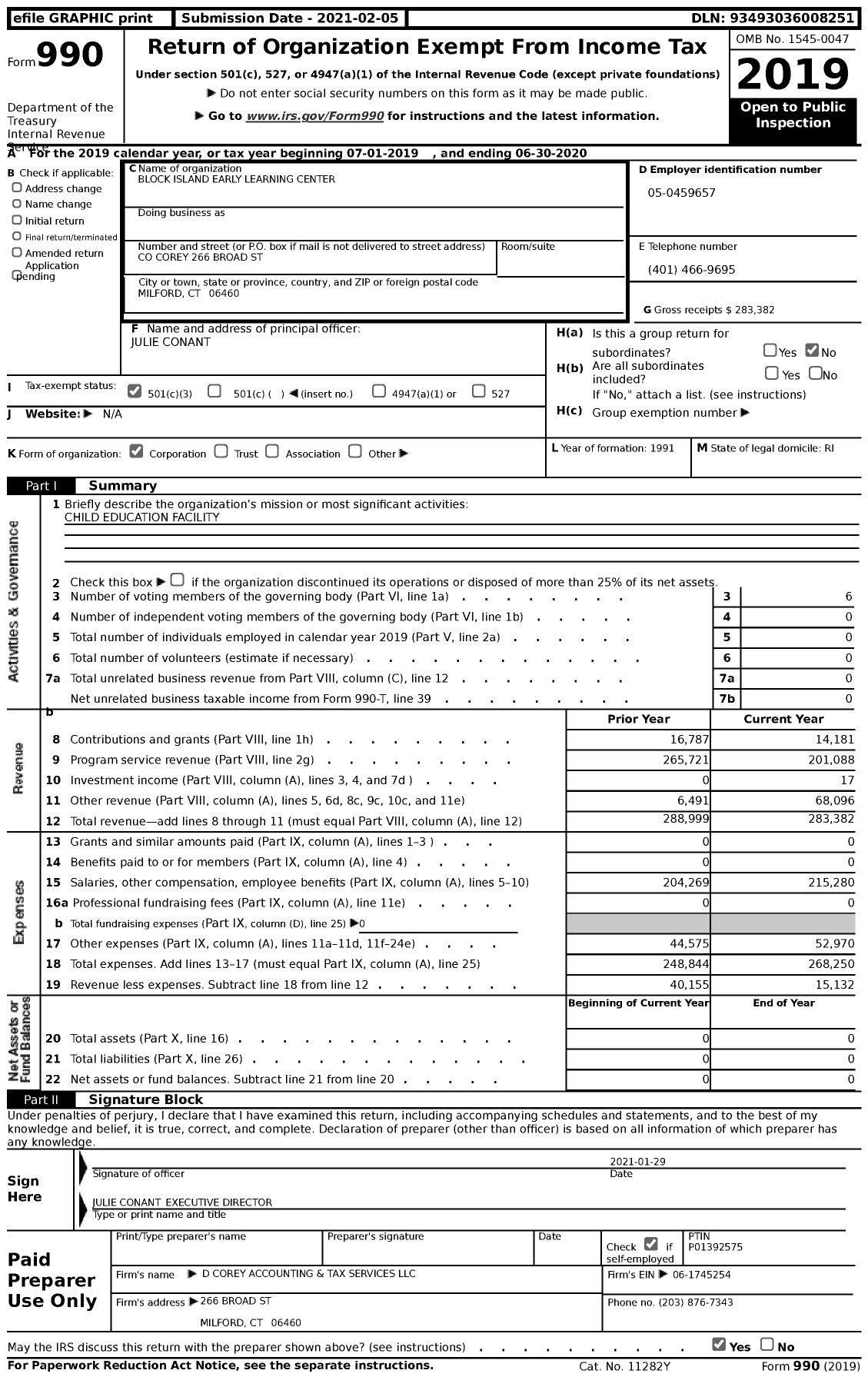 Image of first page of 2019 Form 990 for School / Block Island Early Learning Center