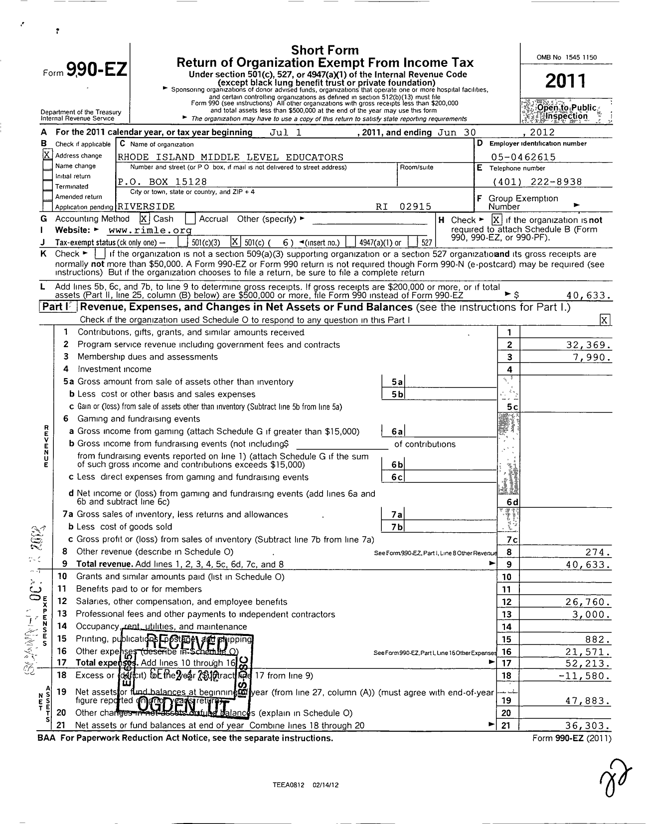 Image of first page of 2011 Form 990EO for Rhode Island Middle Level Educators (RIMLE)