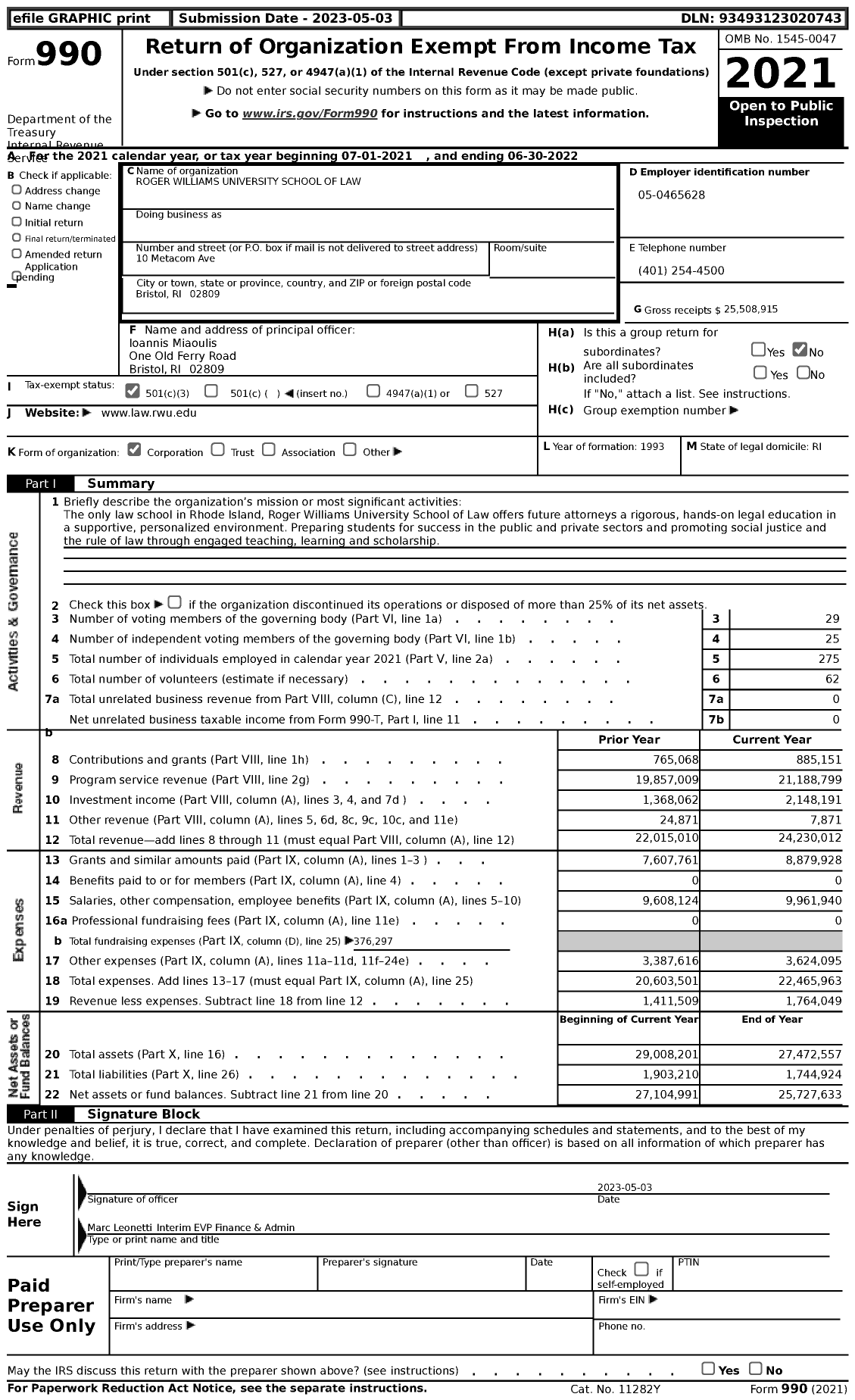 Image of first page of 2021 Form 990 for Roger Williams University School of Law