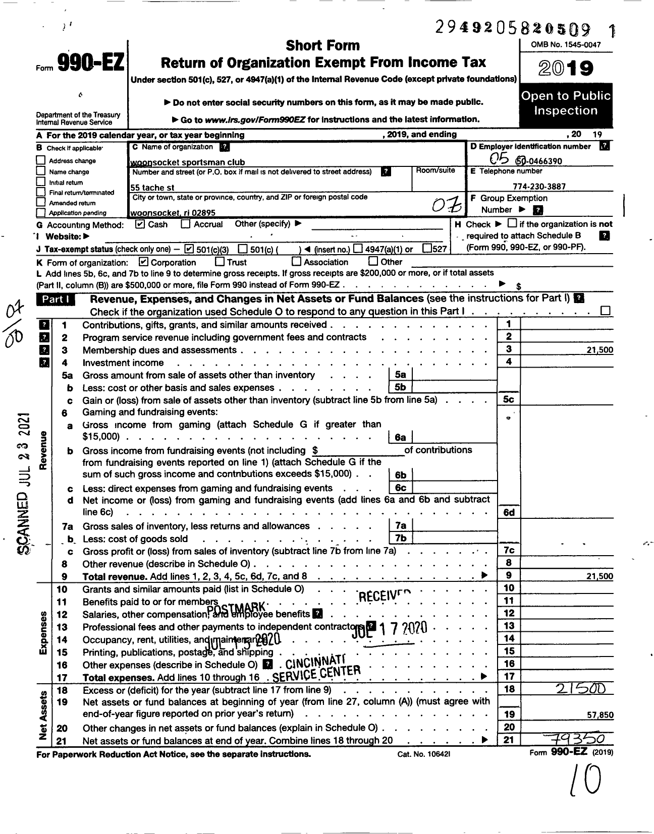 Image of first page of 2019 Form 990EO for Woonsocket Sportsman Club