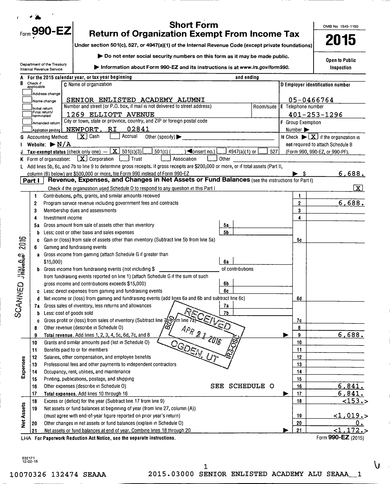 Image of first page of 2015 Form 990EZ for Senior Enlisted Academy Alumni (SEAAA)