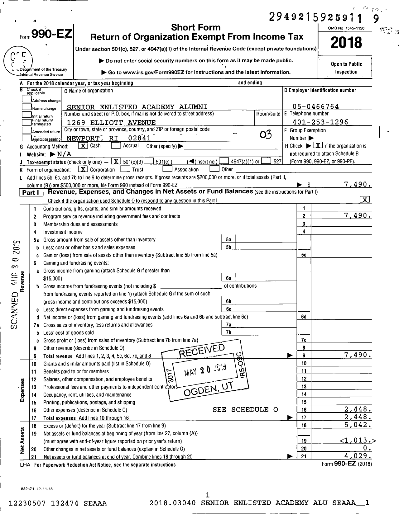 Image of first page of 2018 Form 990EZ for Senior Enlisted Academy Alumni (SEAAA)