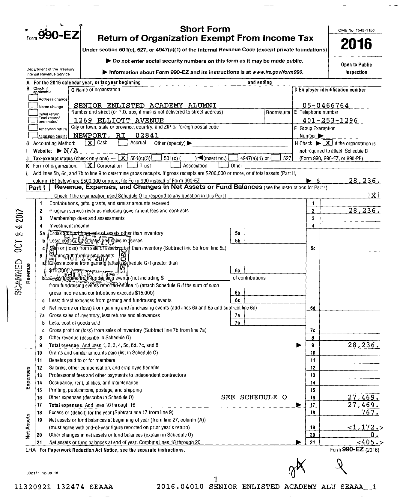 Image of first page of 2016 Form 990EZ for Senior Enlisted Academy Alumni (SEAAA)