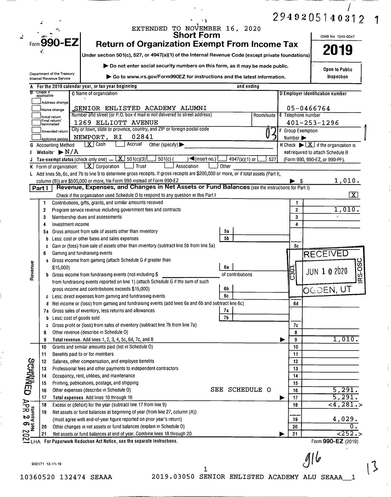 Image of first page of 2019 Form 990EZ for Senior Enlisted Academy Alumni (SEAAA)