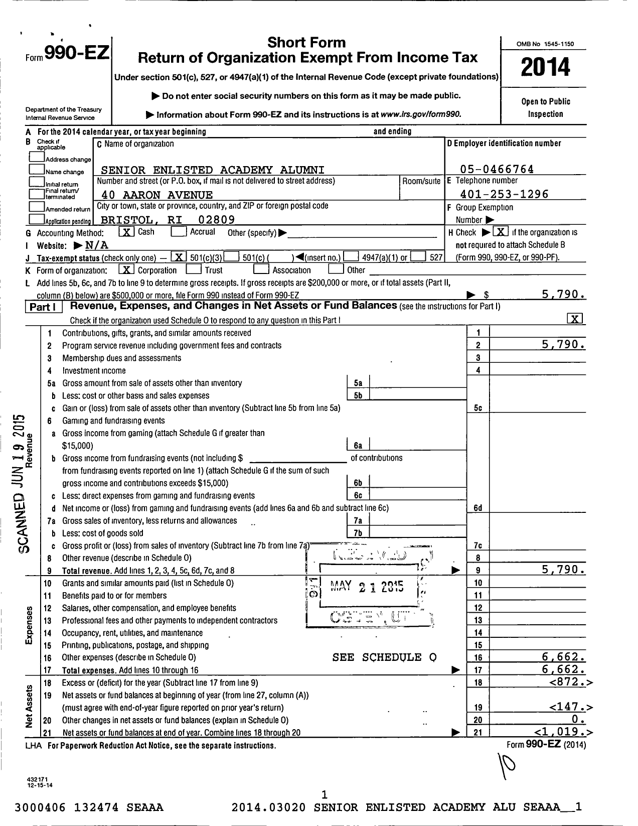 Image of first page of 2014 Form 990EZ for Senior Enlisted Academy Alumni (SEAAA)