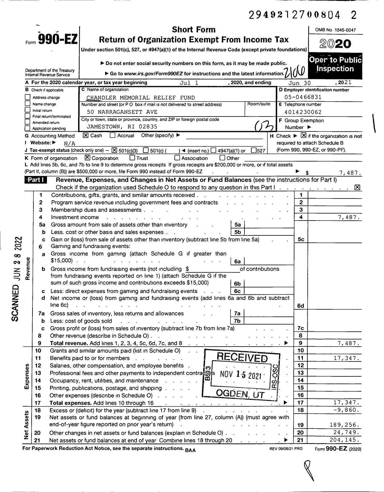 Image of first page of 2020 Form 990EZ for Chandler Memorial Relief Fund