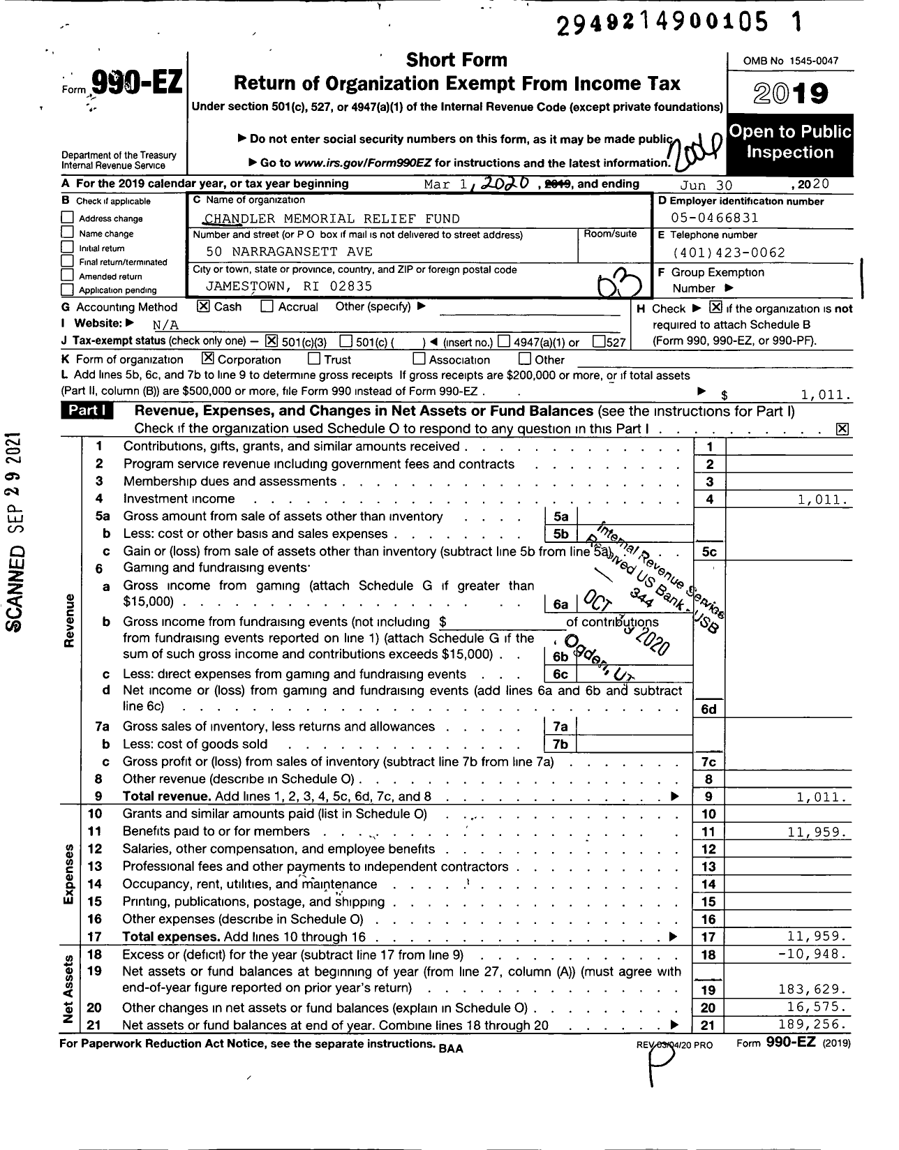 Image of first page of 2019 Form 990EZ for Chandler Memorial Relief Fund