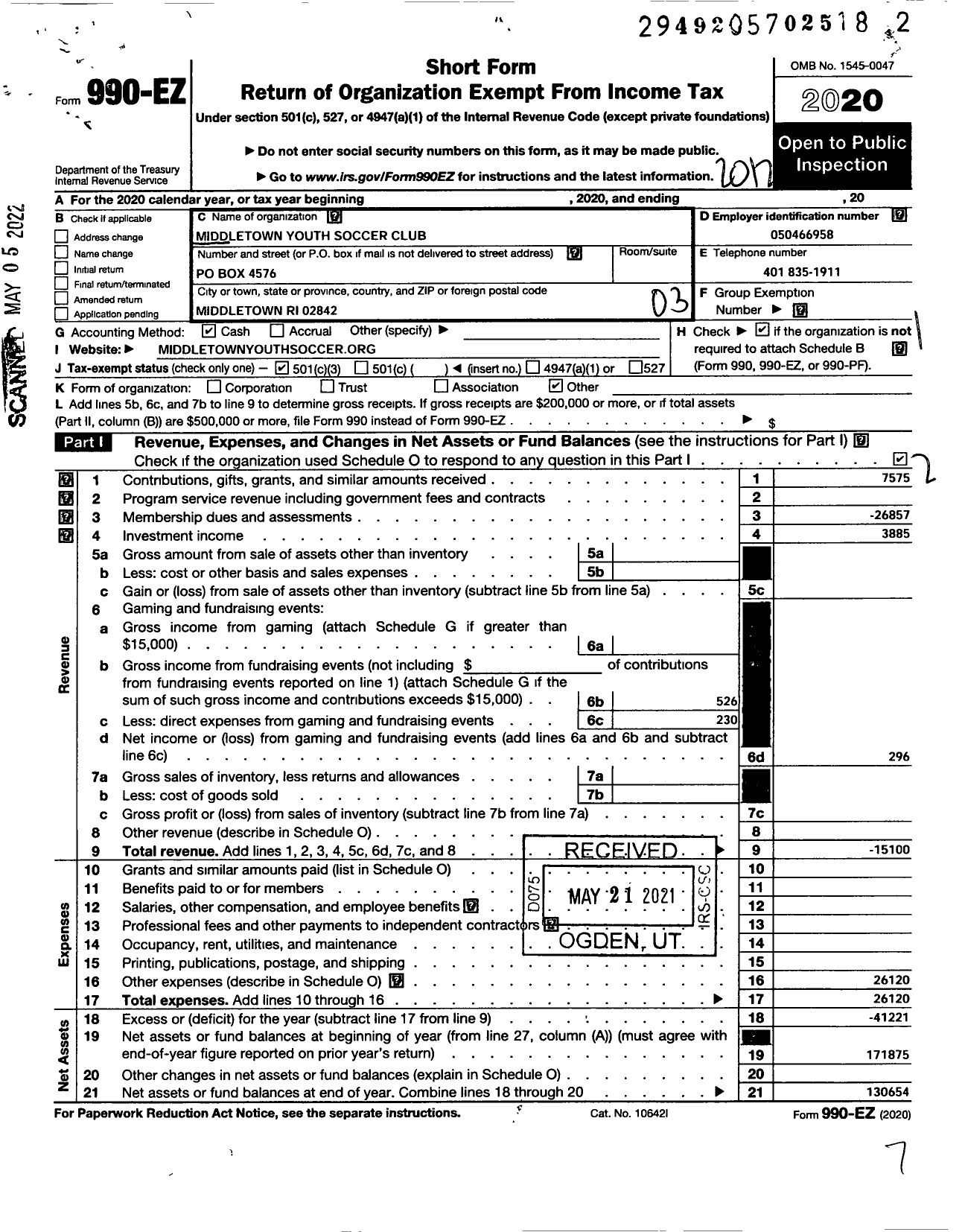 Image of first page of 2020 Form 990EZ for Middletown Youth Soccer Club