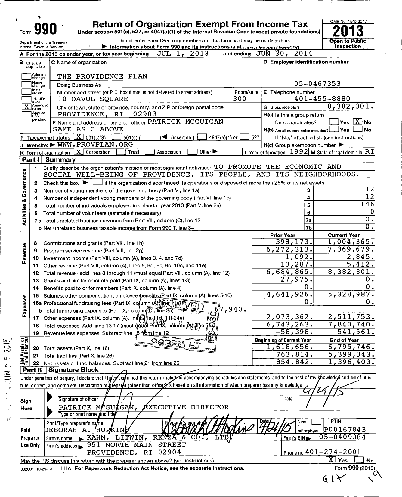 Image of first page of 2013 Form 990 for Providence Plan
