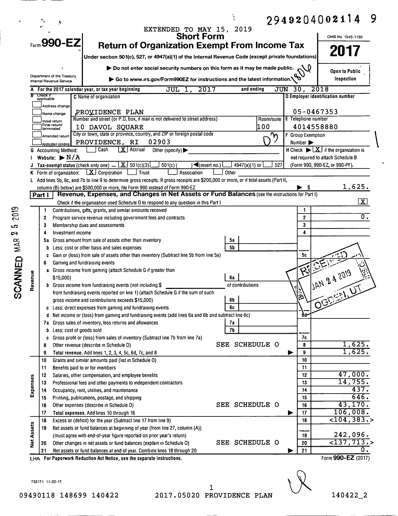 Image of first page of 2017 Form 990EZ for Providence Plan